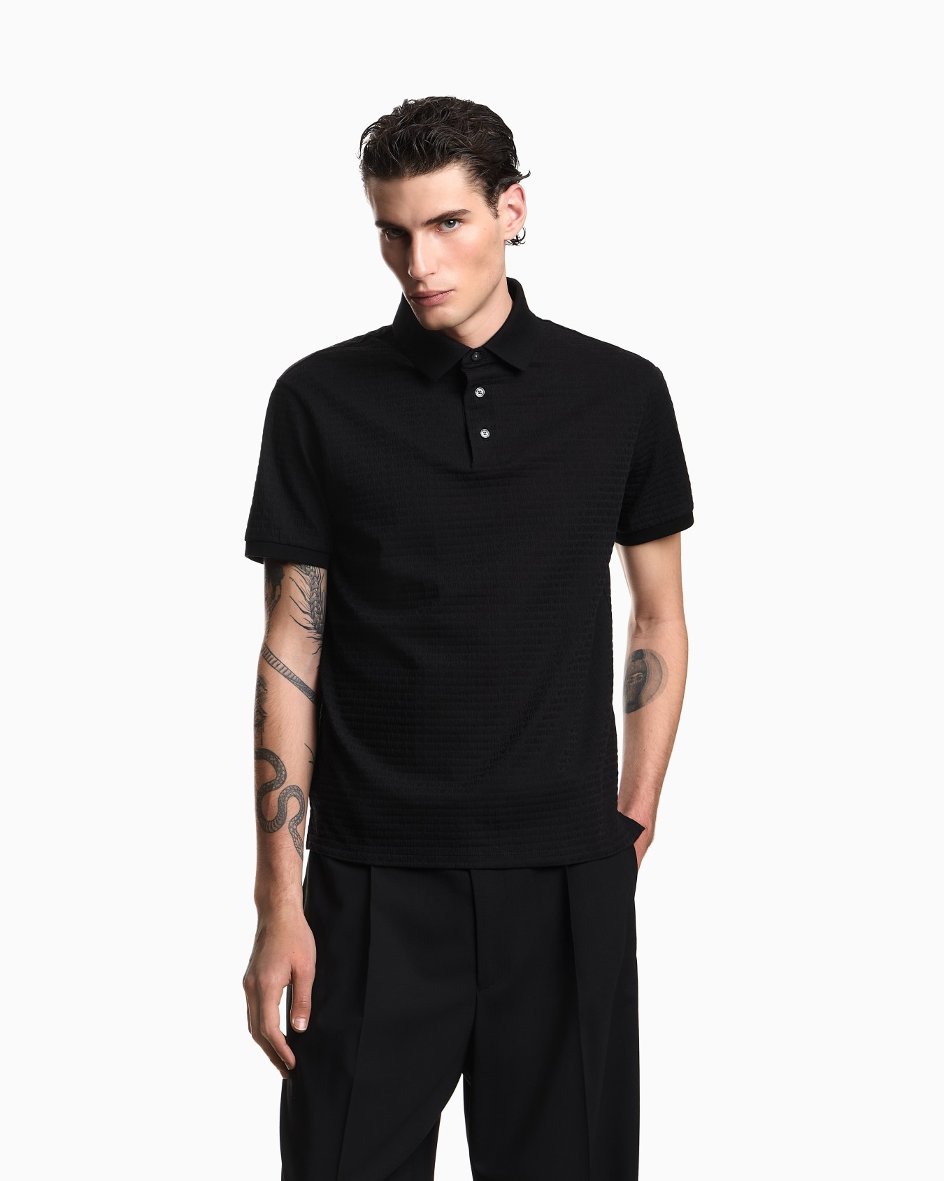 Jersey polo shirt with all-over jacquard lettering Slide 3