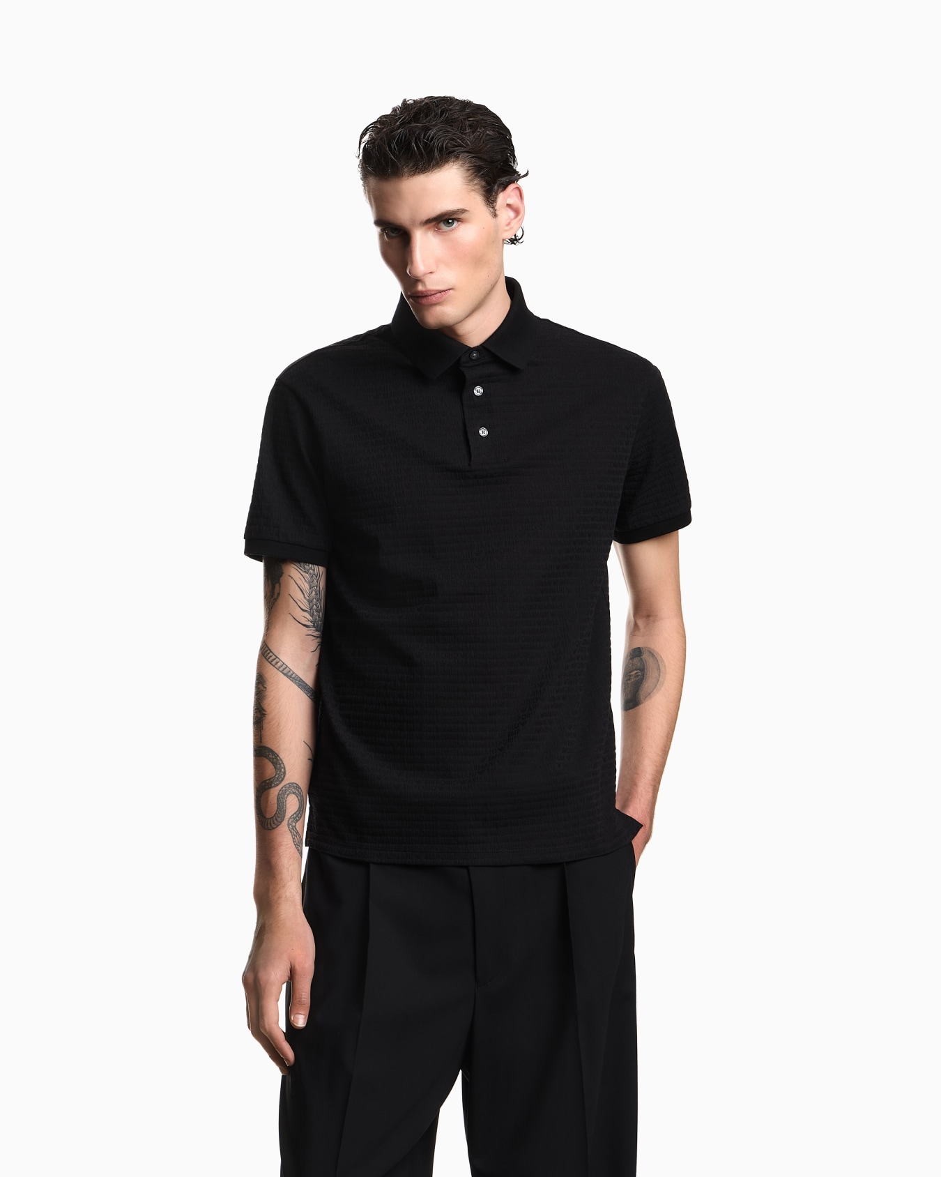Jersey polo shirt with all-over jacquard lettering Slide 3
