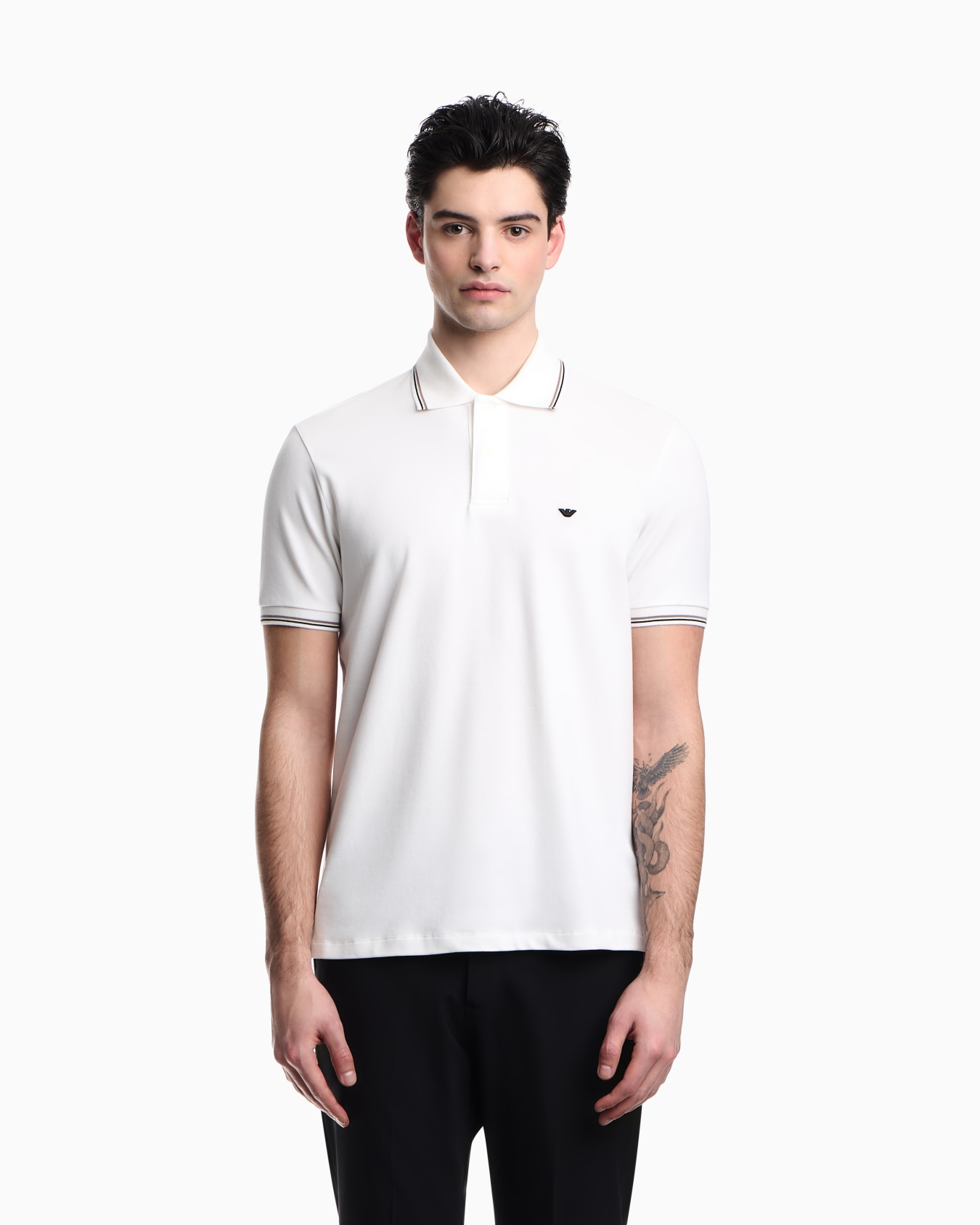 Slim-fit stretch piqué polo shirt with micro eagle Slide 3