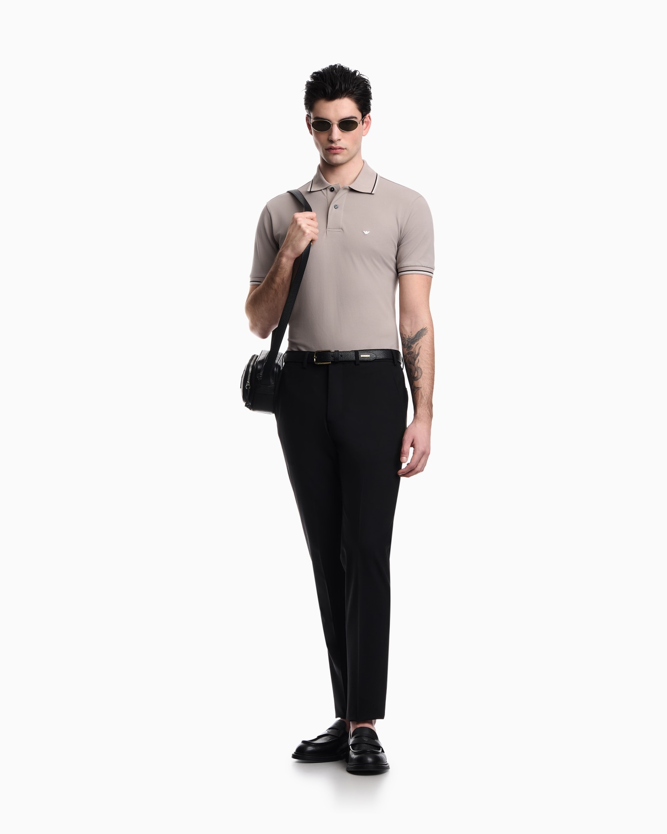 Slim-fit stretch piqué polo shirt with micro eagle Slide 1