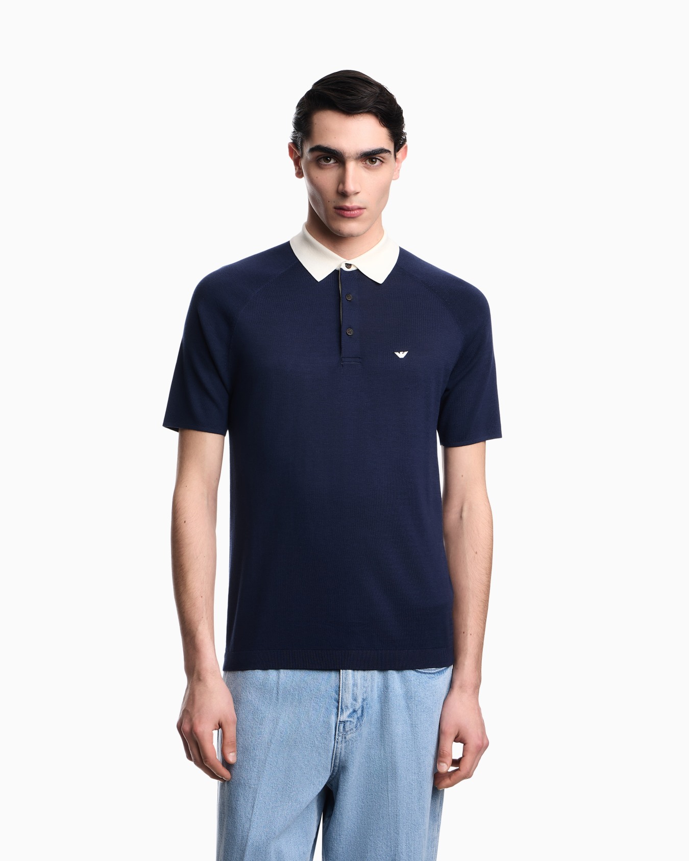 Plain-knit Lyocell-blend jumper with polo shirt collar Slide 3