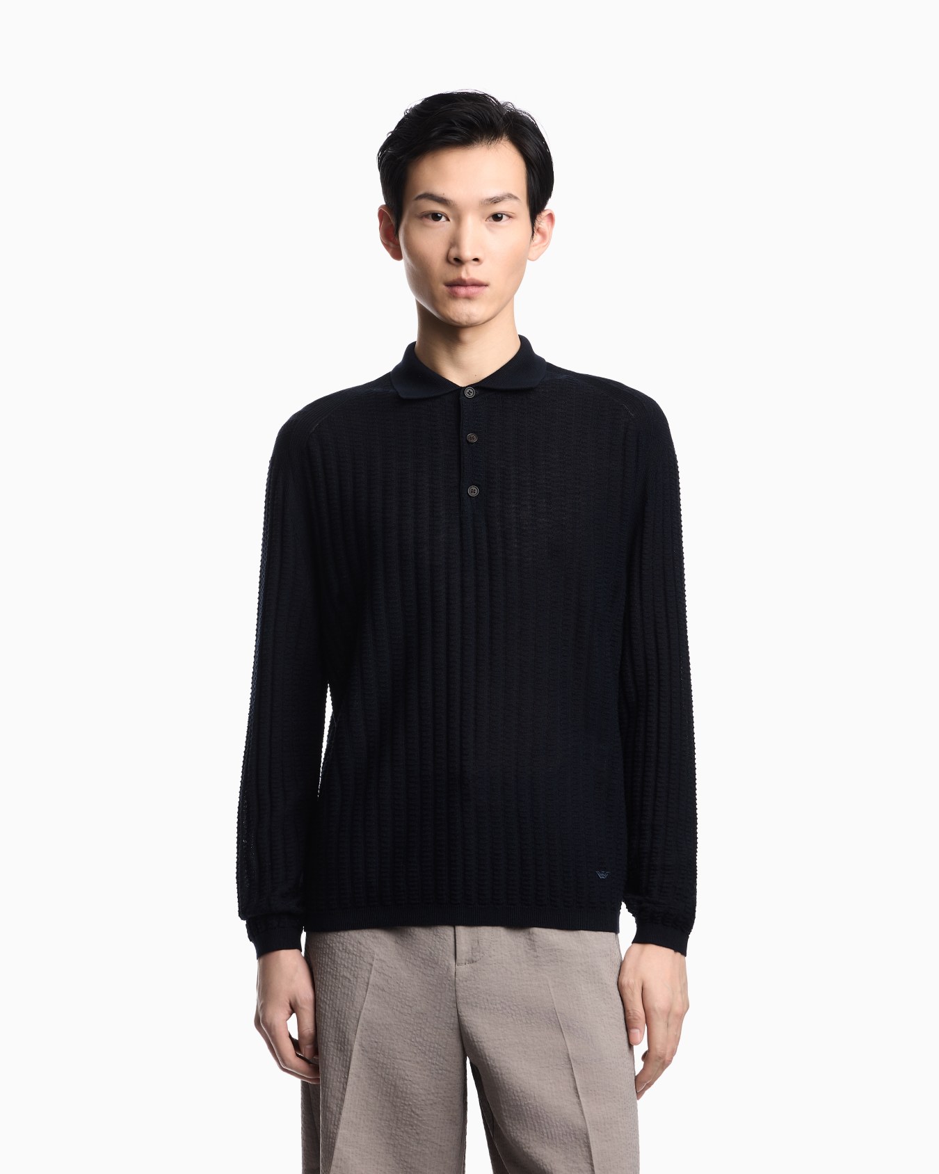 Jersey de cuello polo en mezcla de lana y lyocell con punto fantasía Diapositiva 3