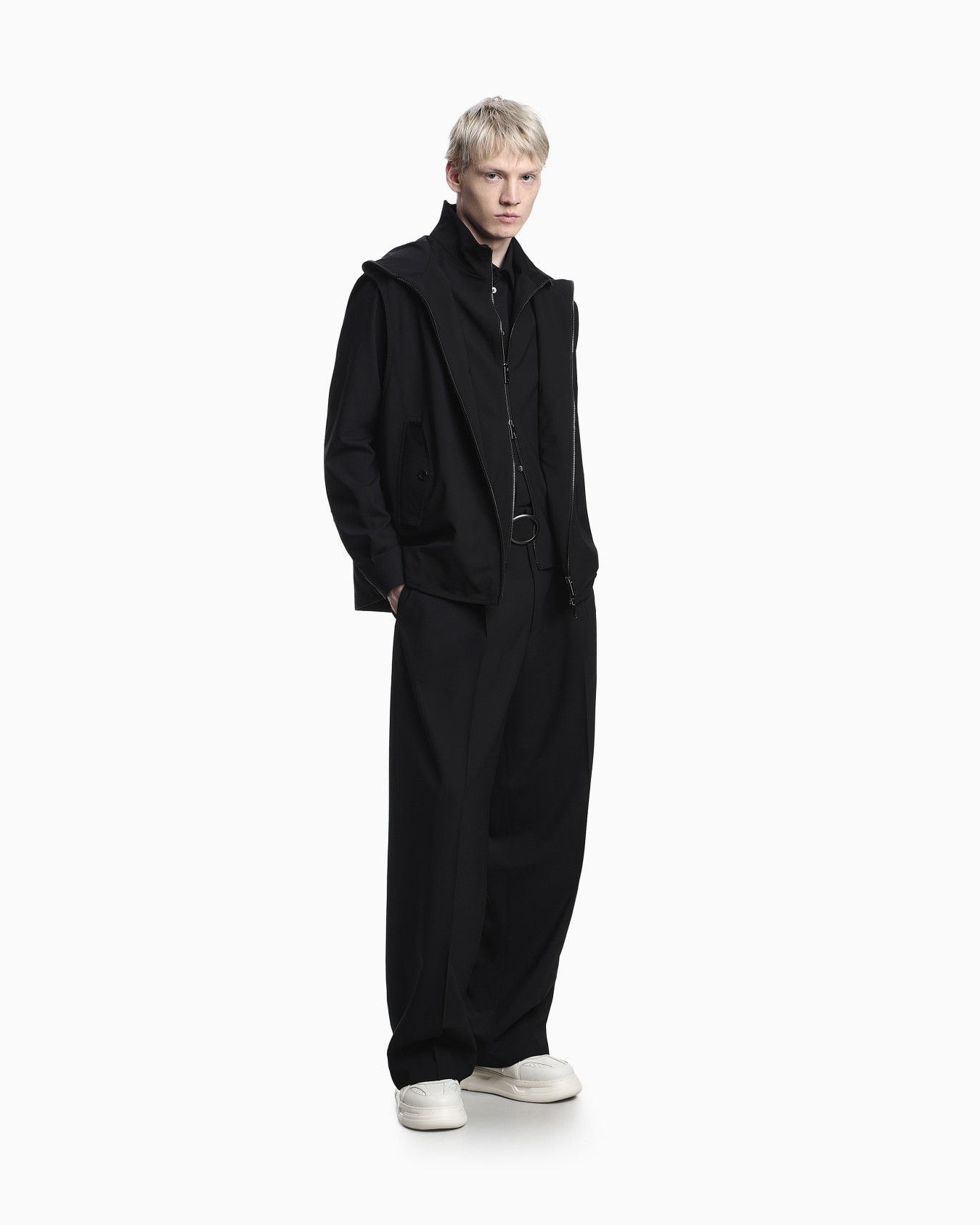Trousers with pleats and belt in stretch wool canvas Slide 1