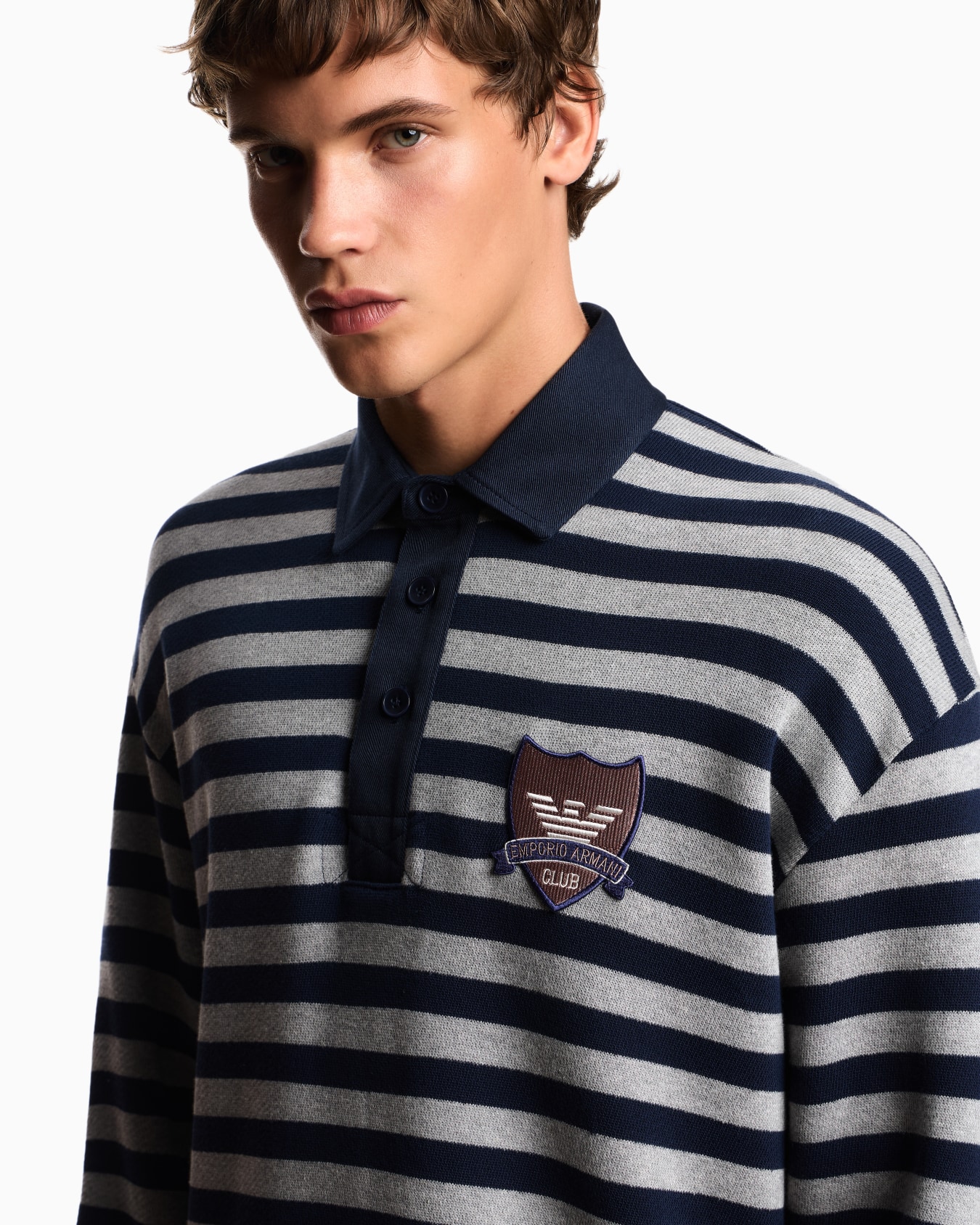 Eagle Club striped jersey polo shirt with patch Slide 4