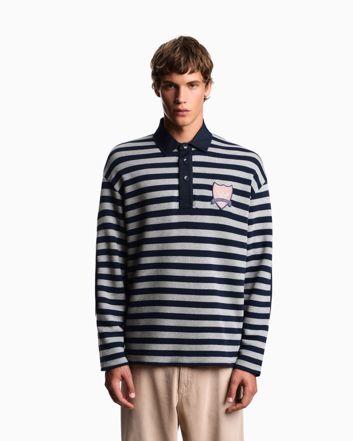 Eagle Club striped jersey polo shirt with patch Slide 3