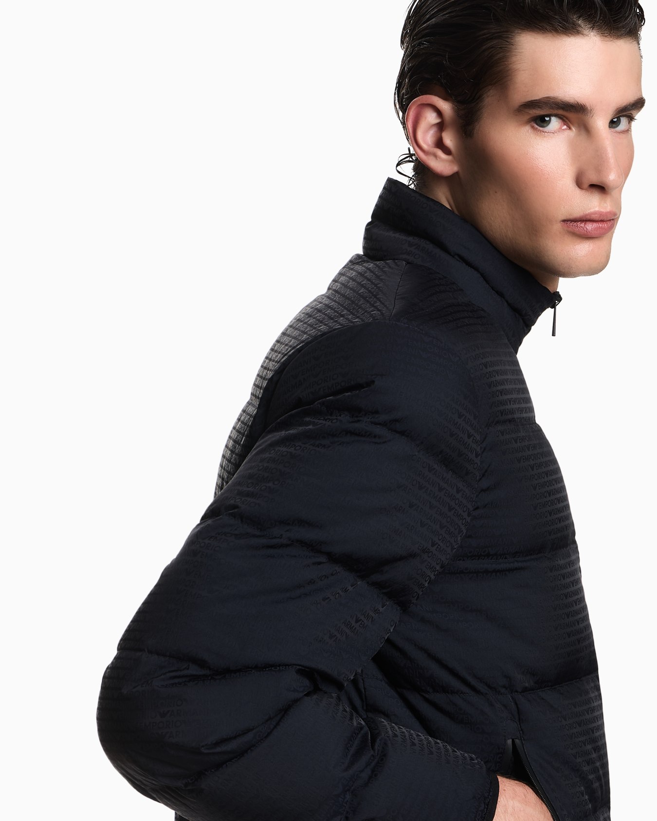 Water-repellent, quilted nylon down jacket with jacquard logo lettering Slide 4
