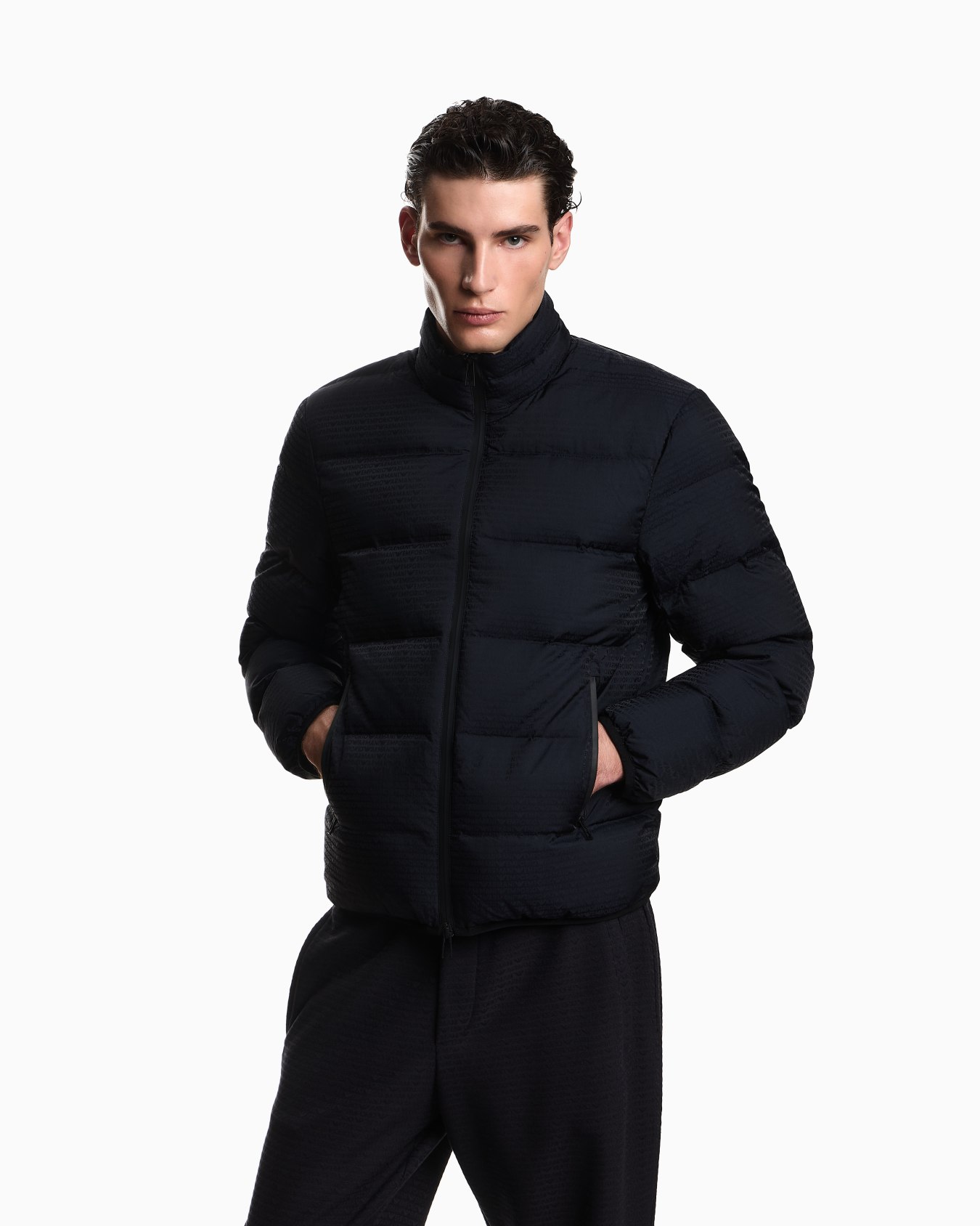 Water-repellent, quilted nylon down jacket with jacquard logo lettering Slide 3