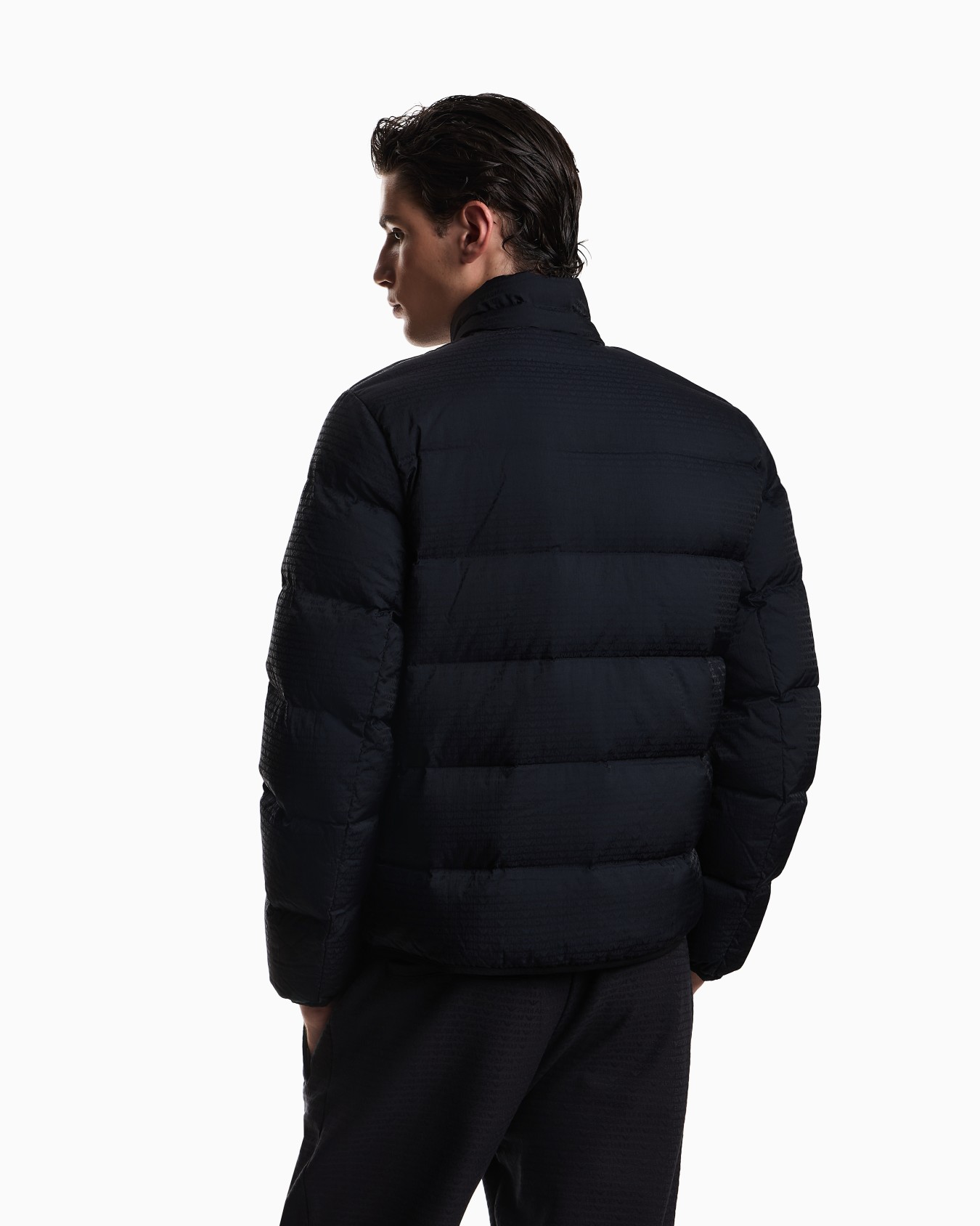 Water-repellent, quilted nylon down jacket with jacquard logo lettering Slide 2