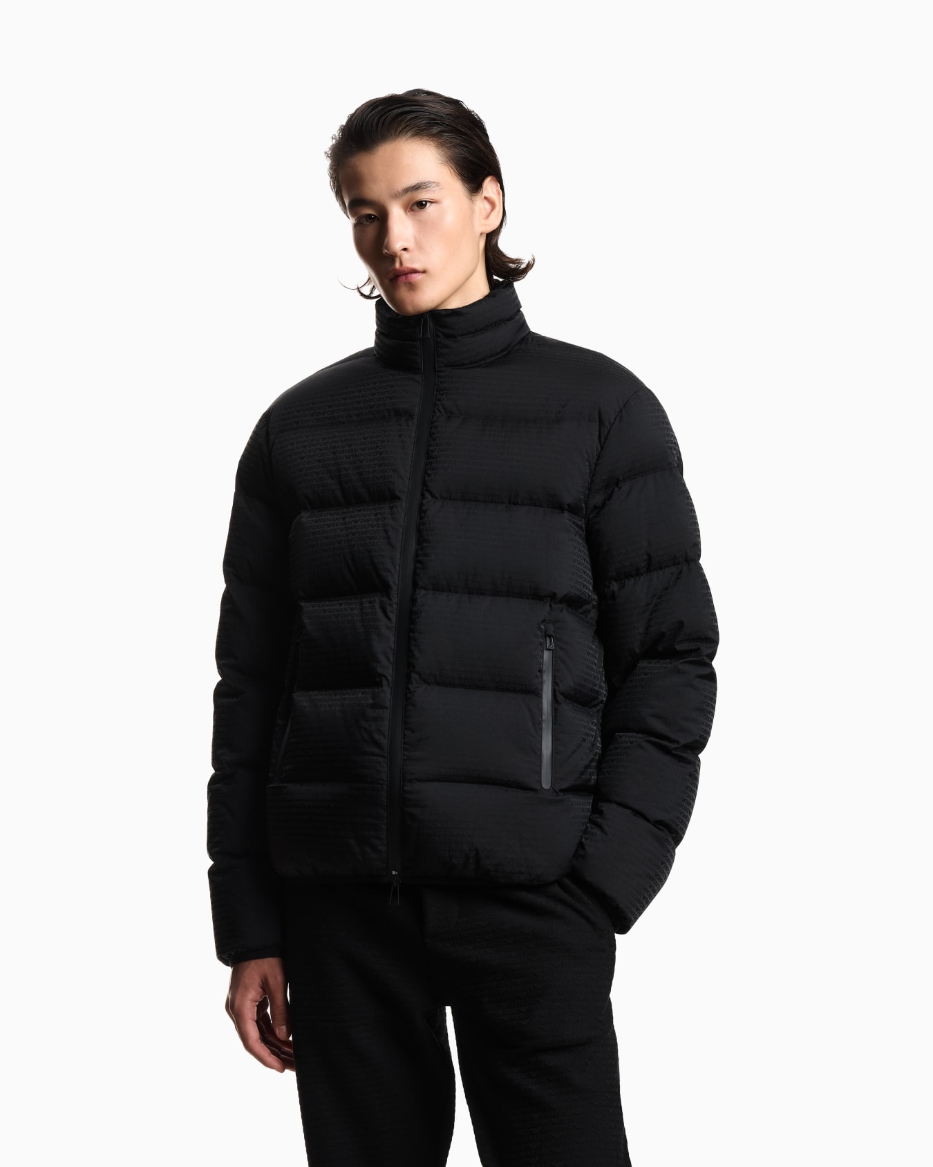 Water-repellent, quilted nylon down jacket with jacquard logo lettering Slide 3