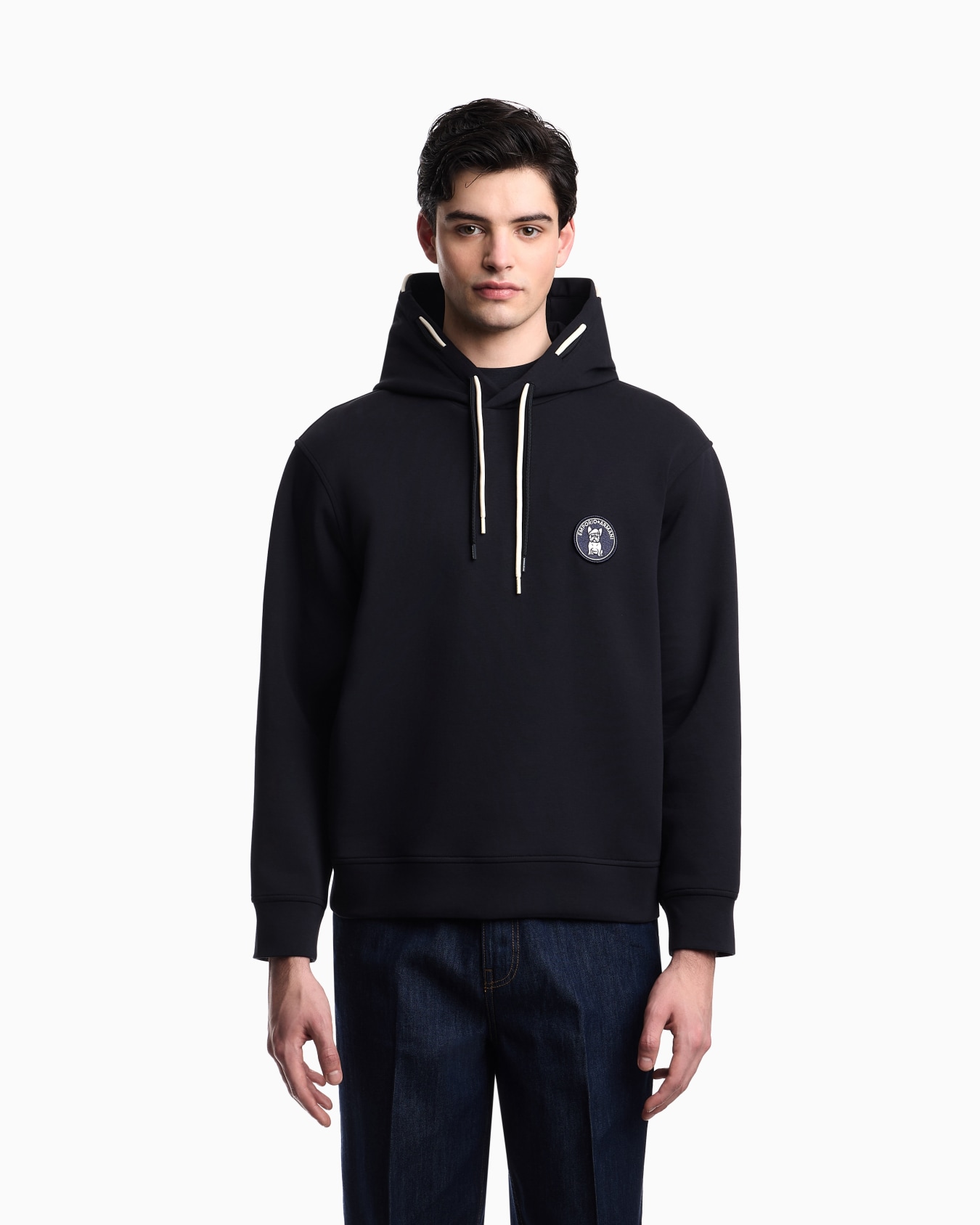 Loose-fit double jersey hoodie with French bulldog patch Slide 3