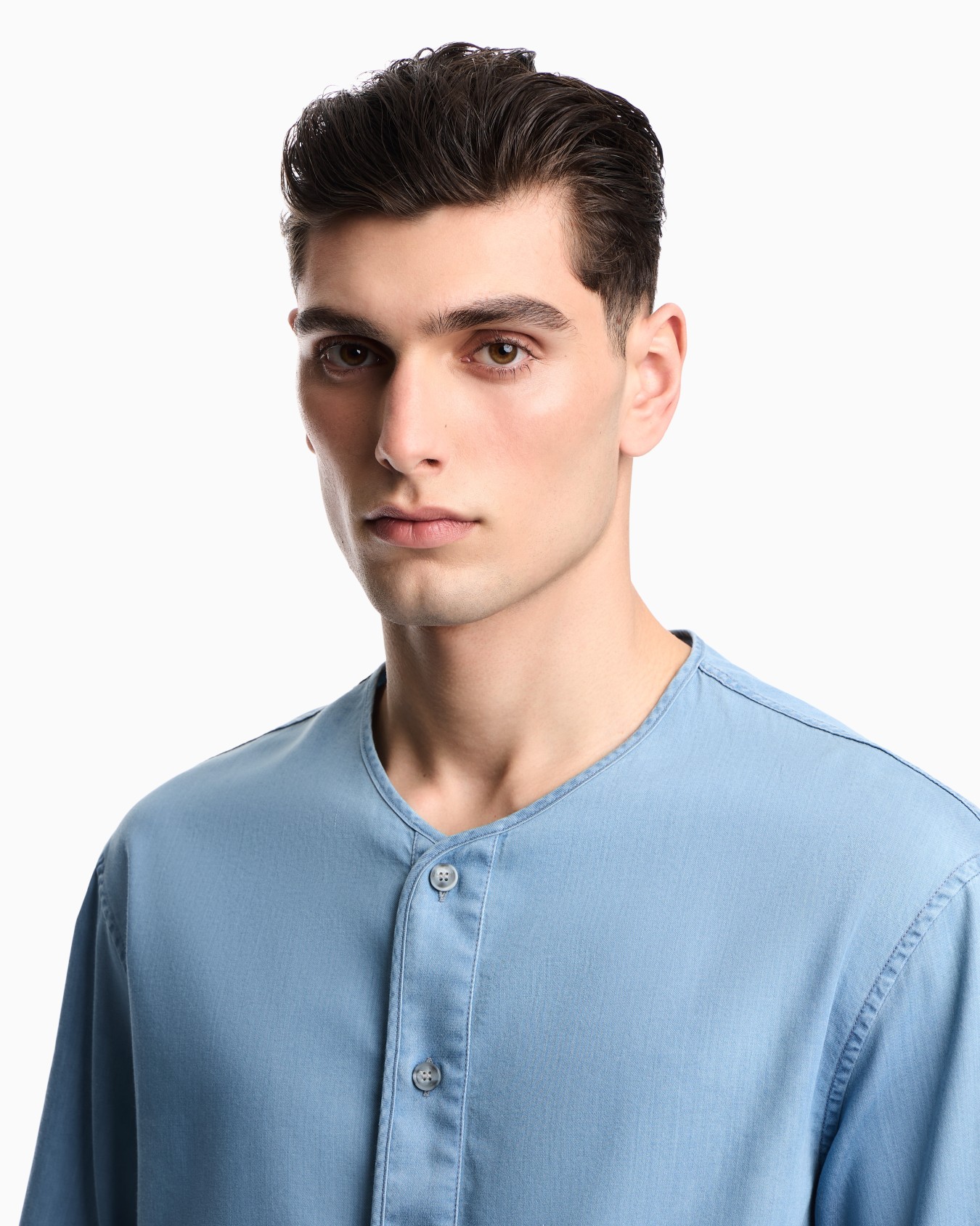 Icon lightweight denim shirt with Henley collar Slide 4