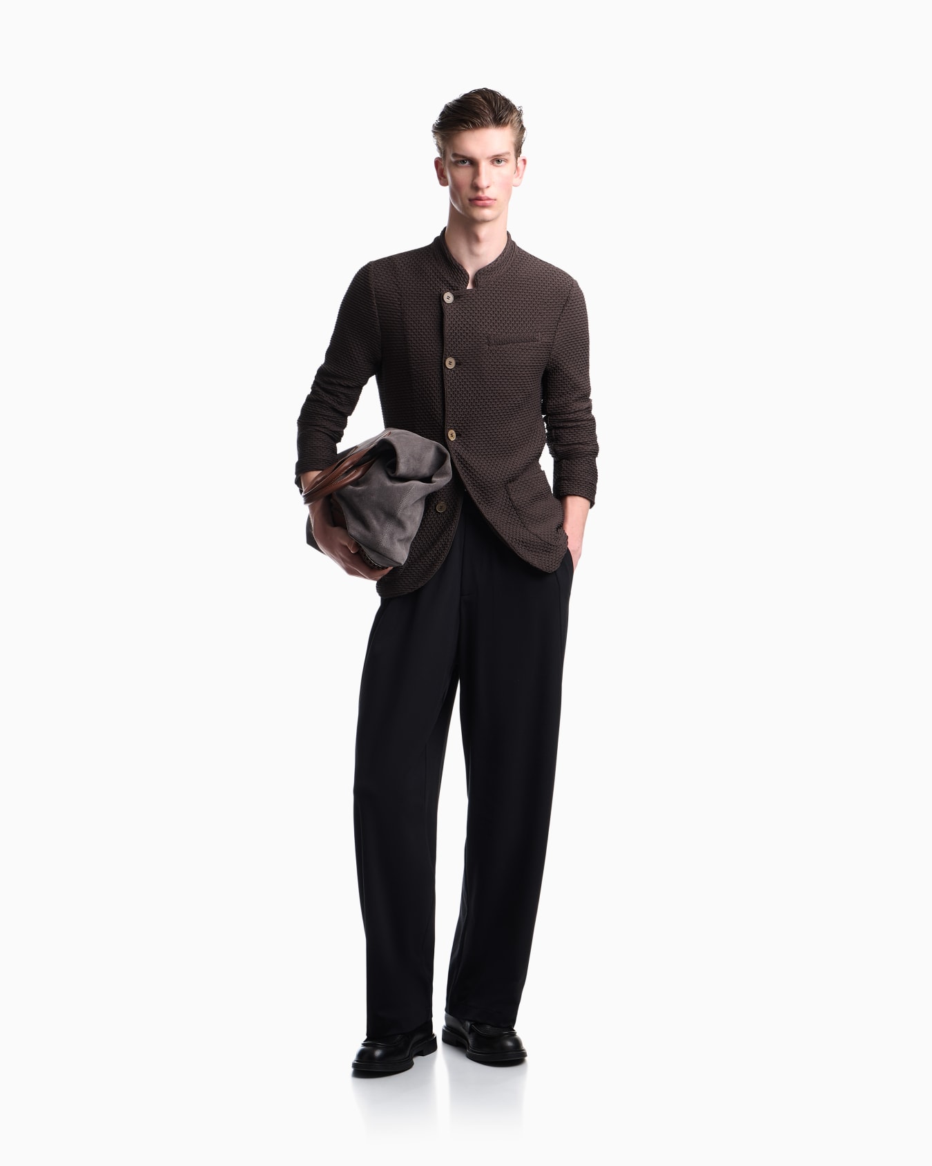 Jacket with off-centre fastening in embossed two-way stretch jersey Slide 1