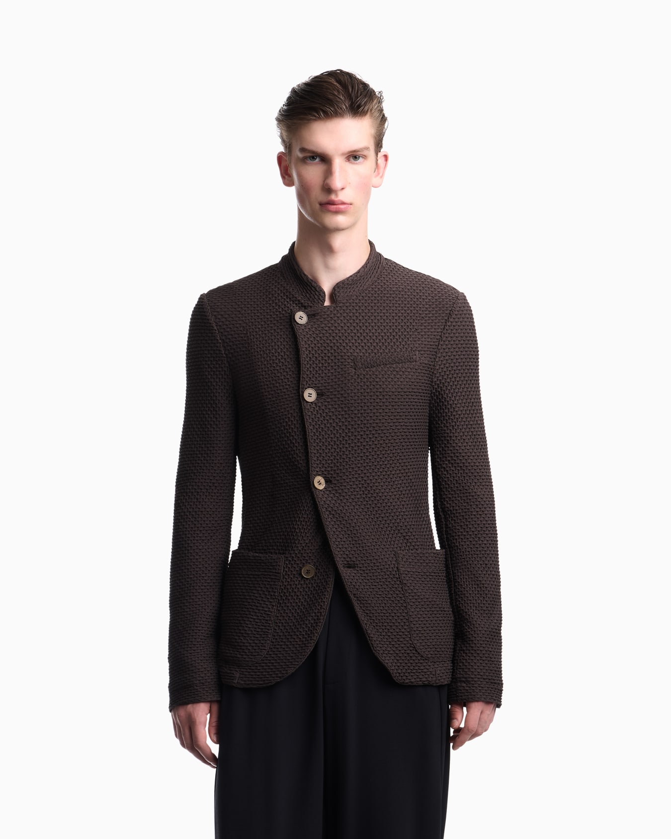 Jacket with off-centre fastening in embossed two-way stretch jersey Slide 3