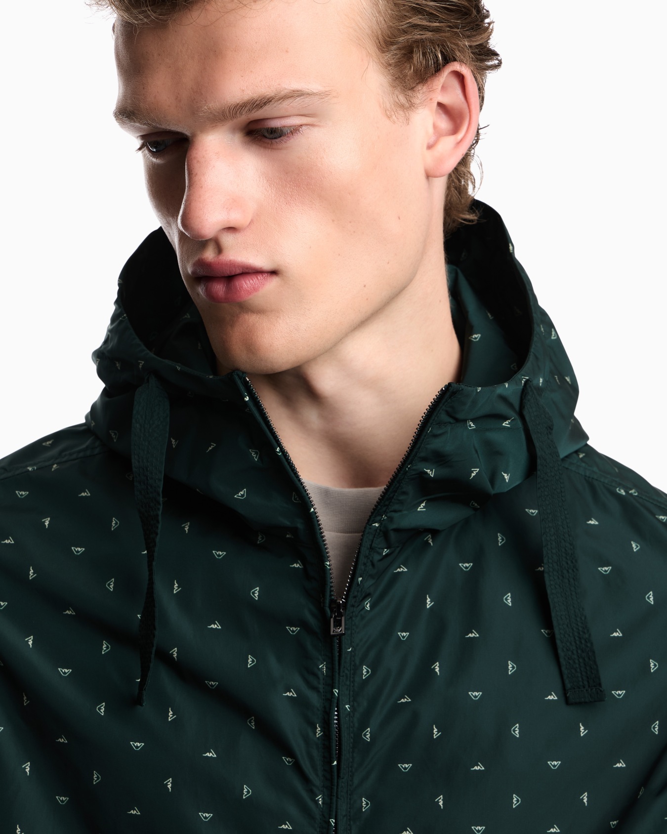 Nylon hooded blouson with all-over micro-eagle graphic design Slide 7