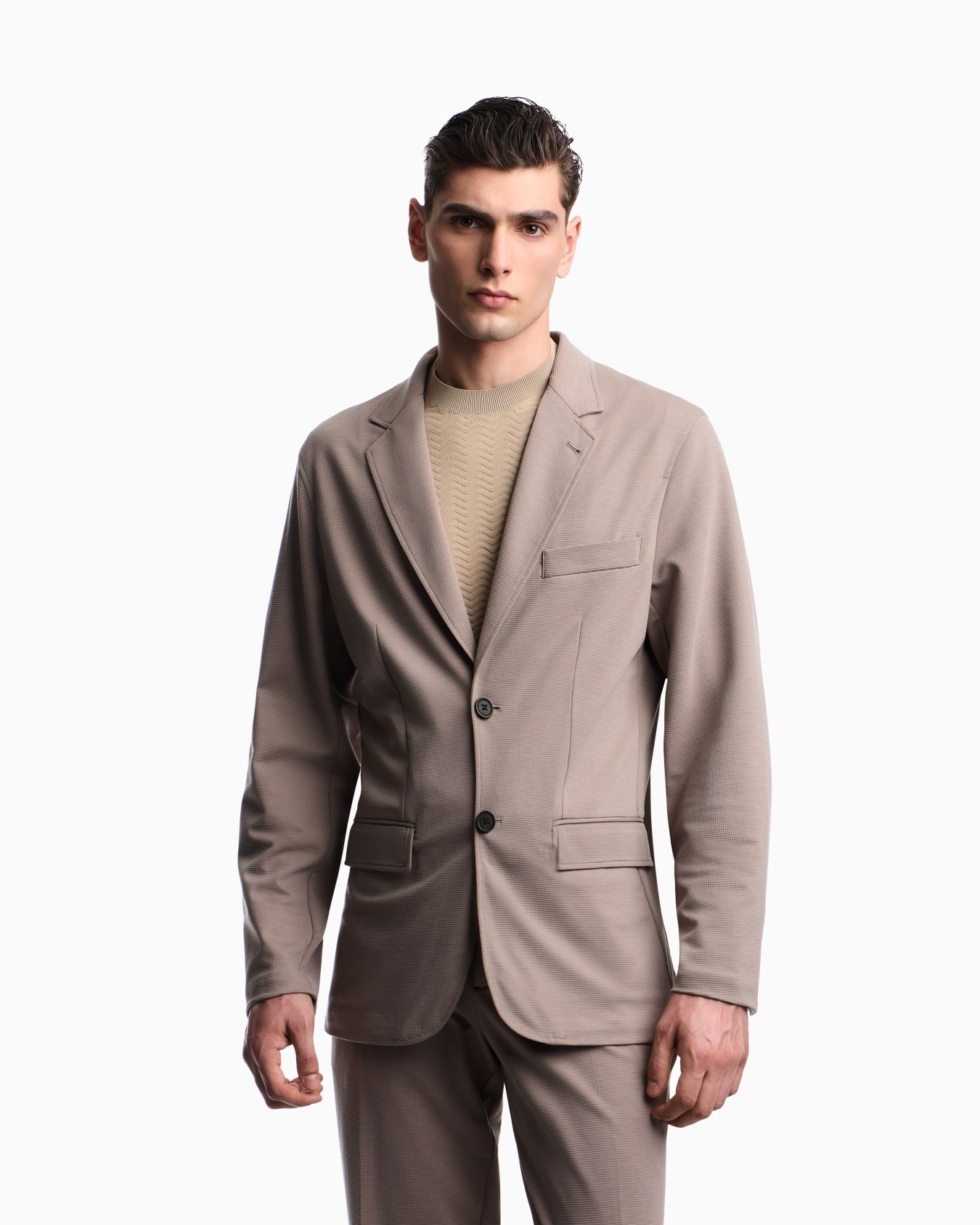 Single-breasted jacket in waffle-effect armure fabric Slide 2