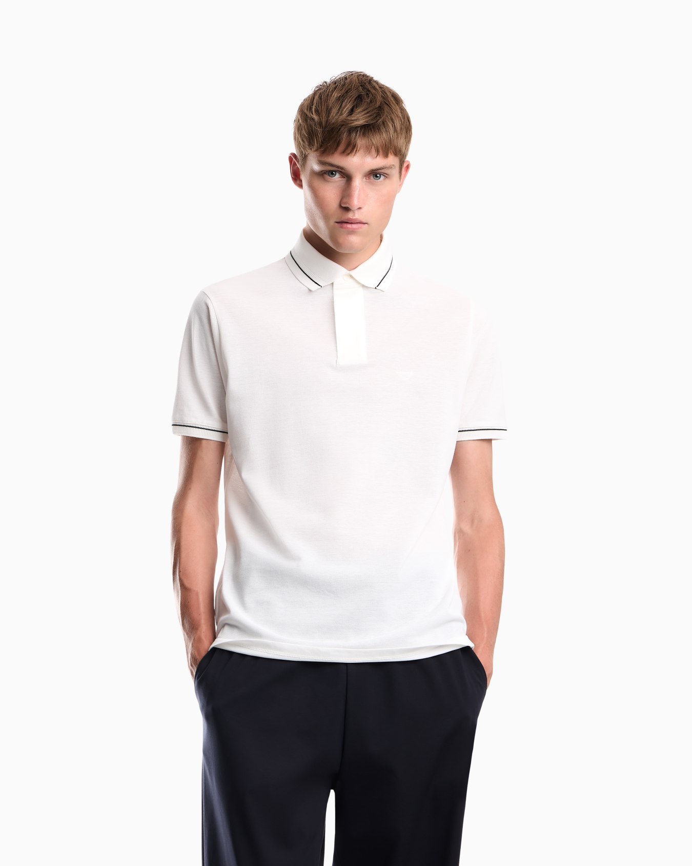 Piqué polo shirt with stripe detail on the collar Slide 3