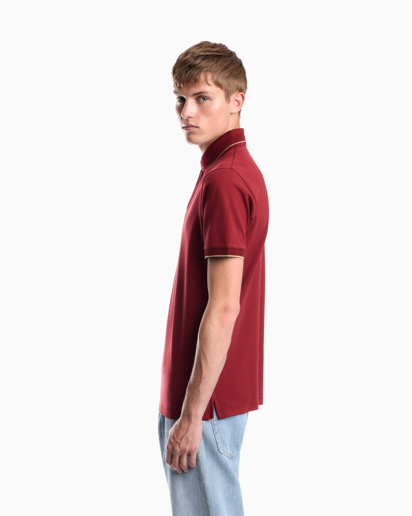 Piqué polo shirt with stripe detail on the collar Slide 7