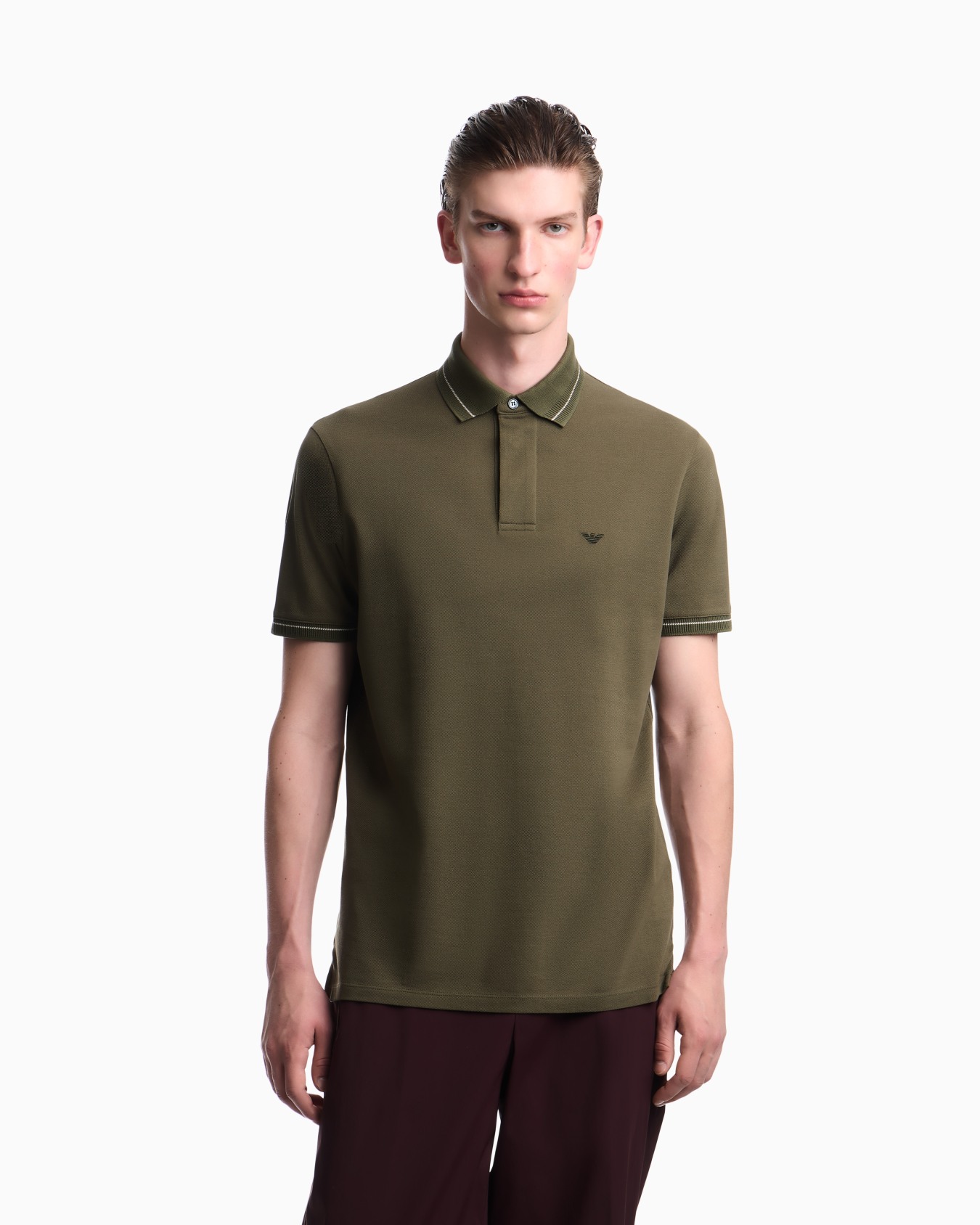Piqué polo shirt with stripe detail on the collar Slide 3