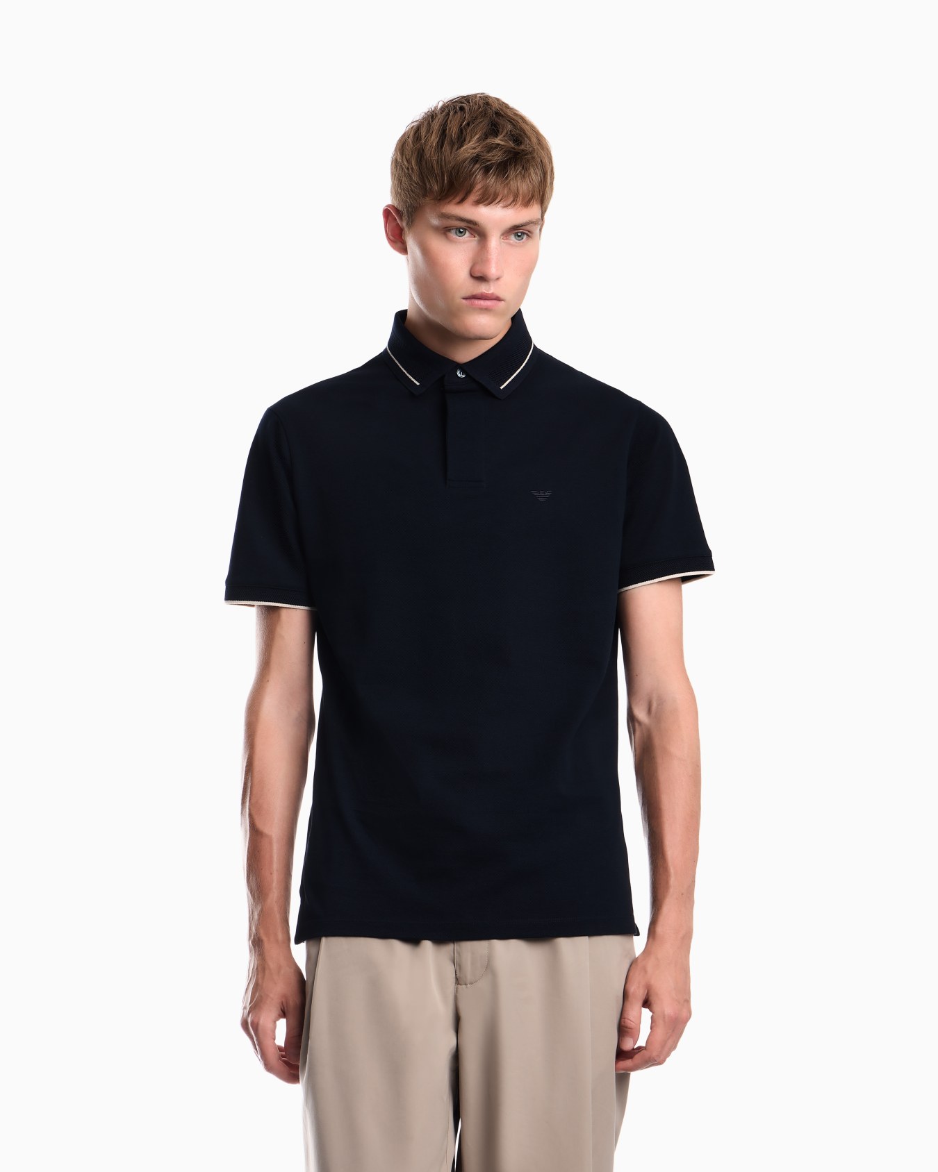 Piqué polo shirt with stripe detail on the collar Slide 3