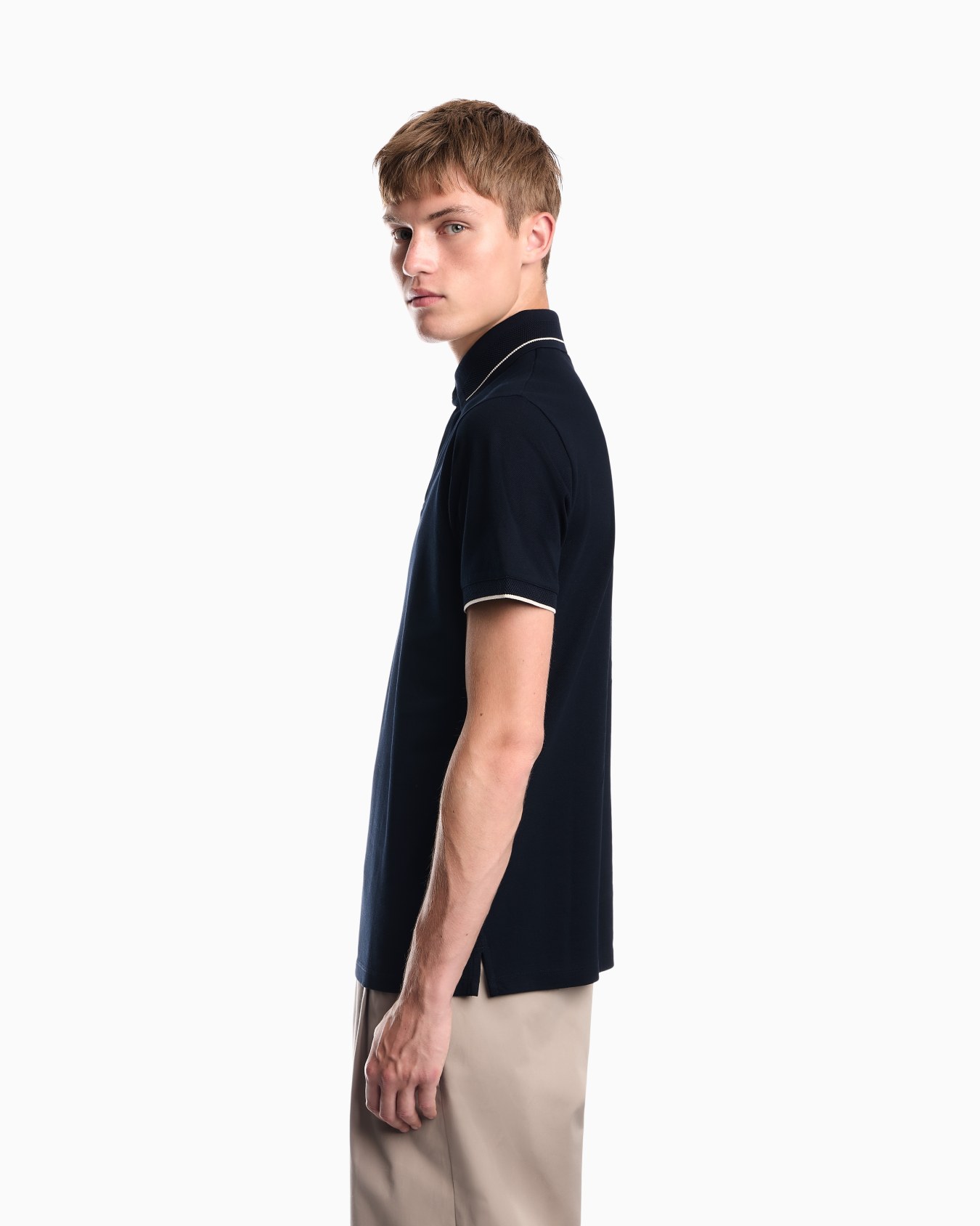 Piqué polo shirt with stripe detail on the collar Slide 7