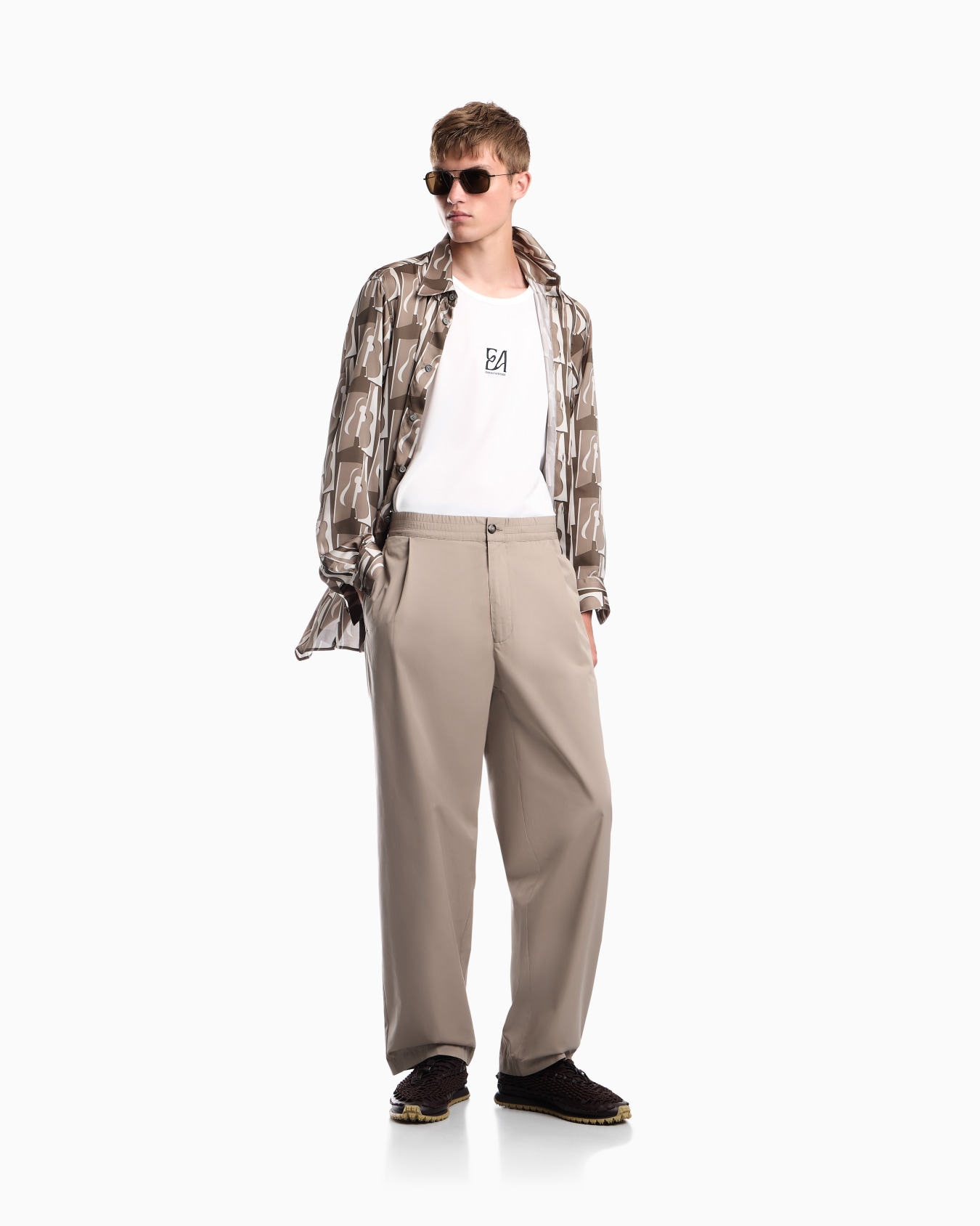 Regular fit cotton poplin trousers with elasticated waist Slide 1