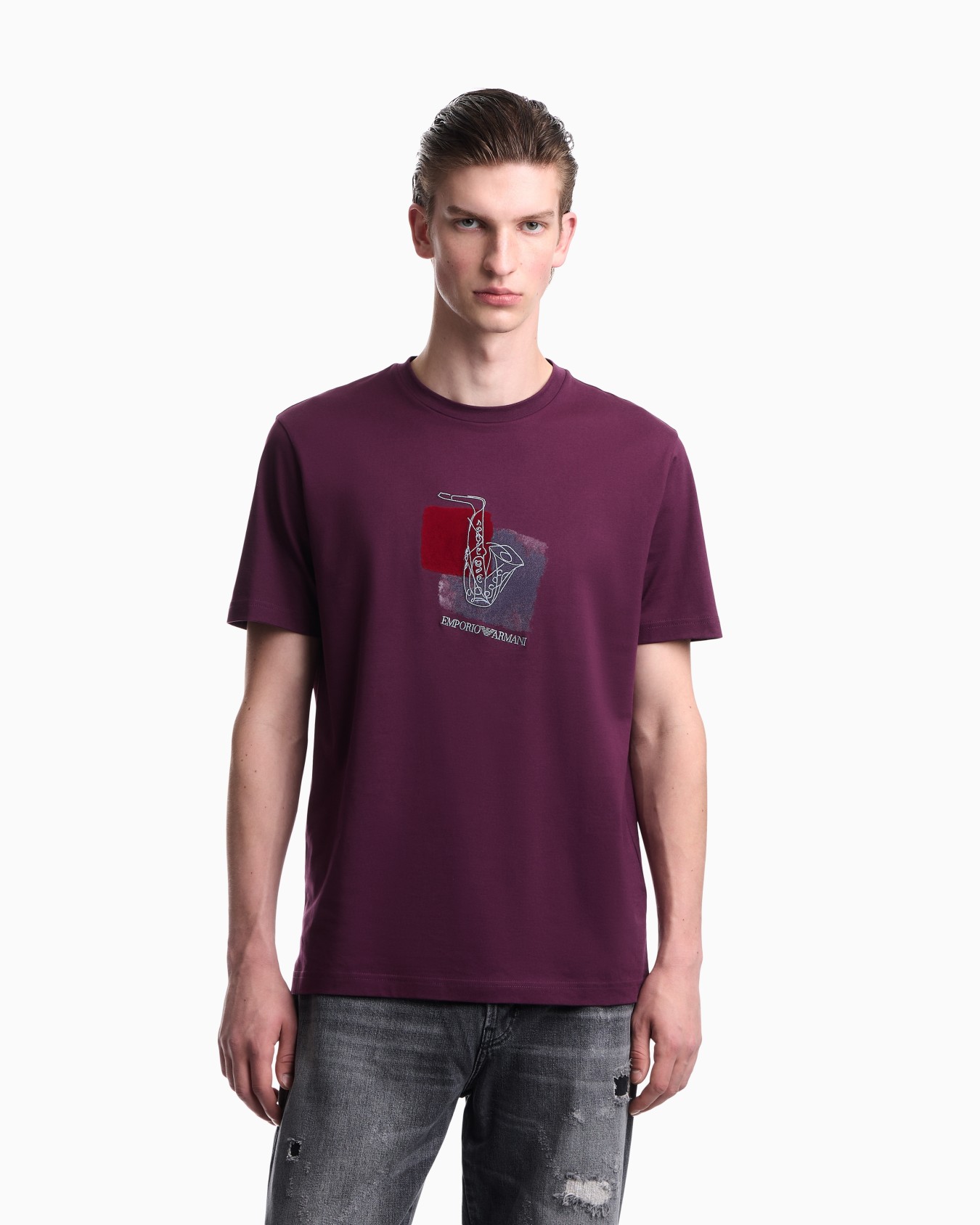 T-shirt girocollo in jersey di cotone con stampa a rombo Slide 3