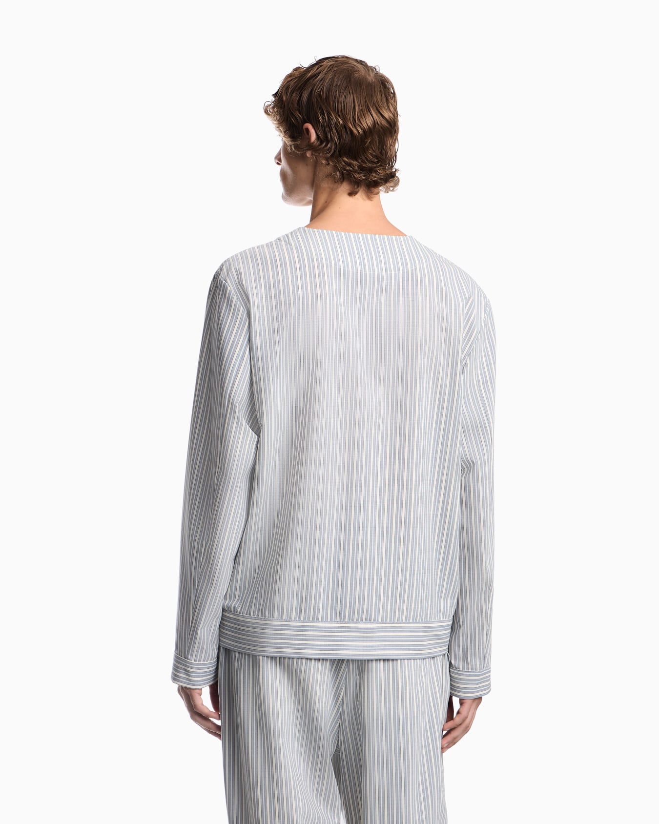 Blouson shirt in striped stretch virgin wool with V-neck Slide 5