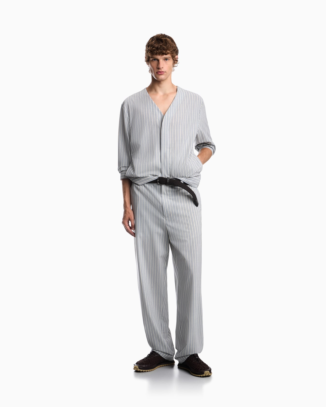 Blouson shirt in striped stretch virgin wool with V-neck Slide 1