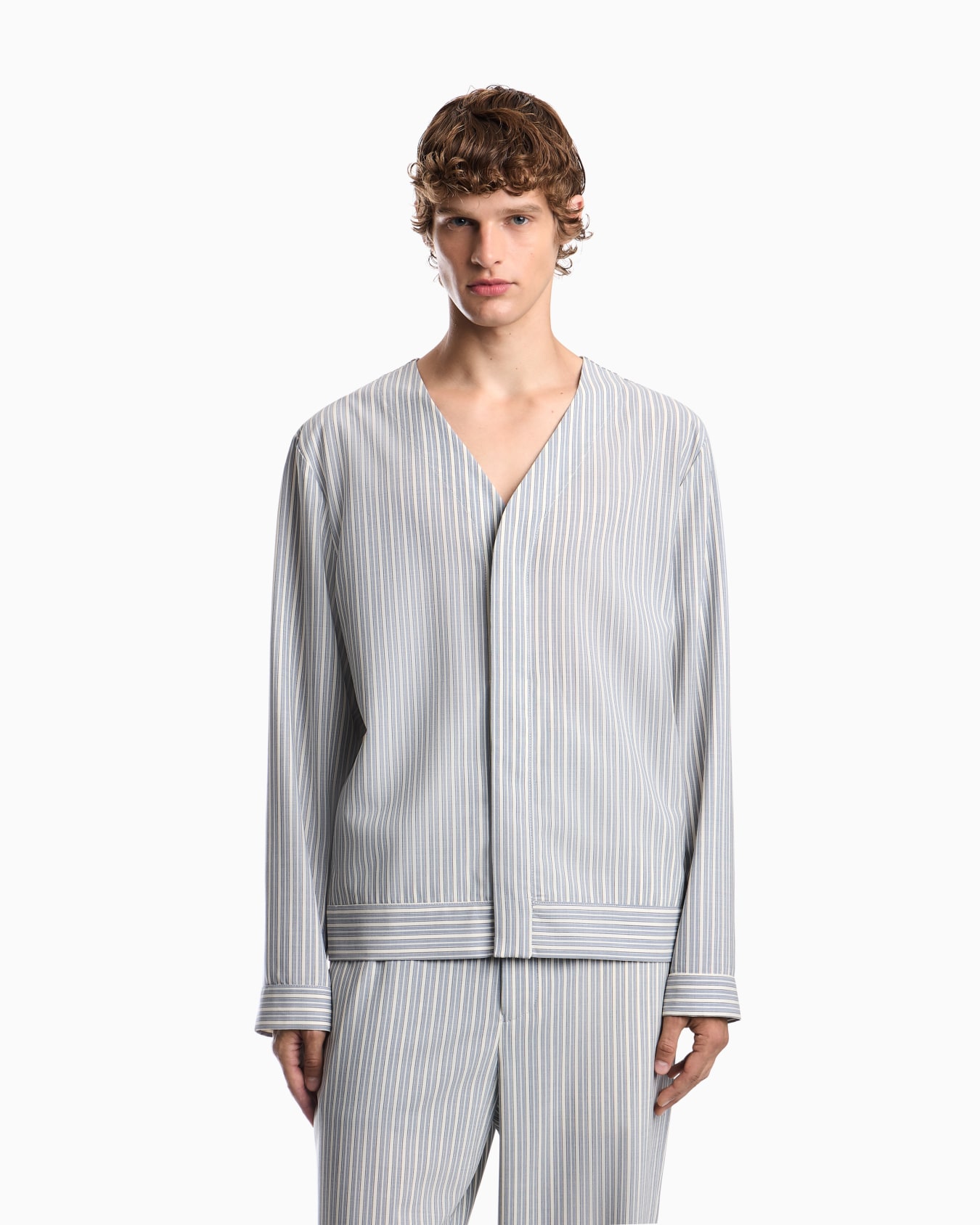 Blouson shirt in striped stretch virgin wool with V-neck Slide 3