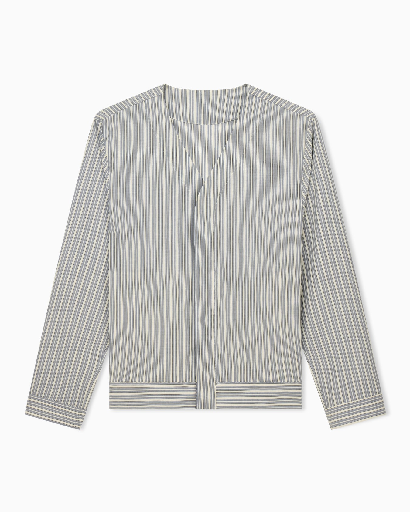Blouson shirt in striped stretch virgin wool with V-neck Slide 0