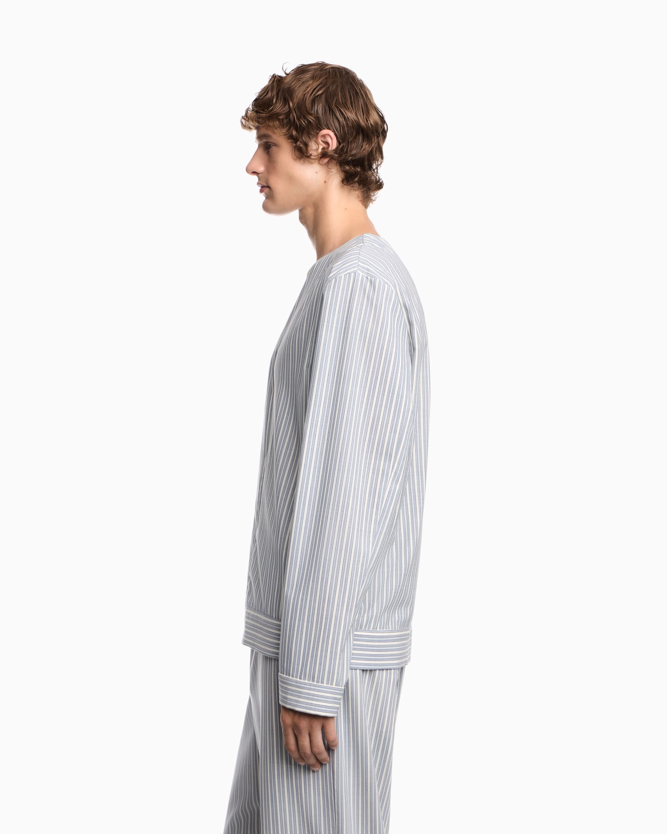 Blouson shirt in striped stretch virgin wool with V-neck Slide 7