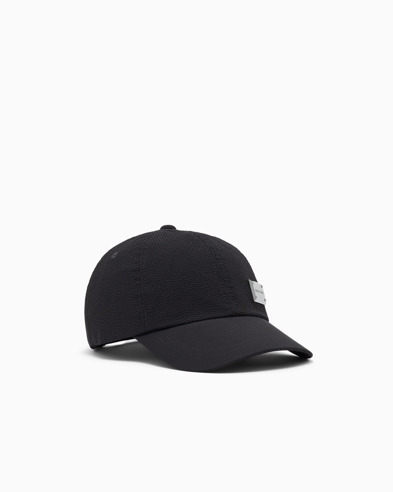 Baseball hat in seersucker with a metallic logo plaque Slide 0