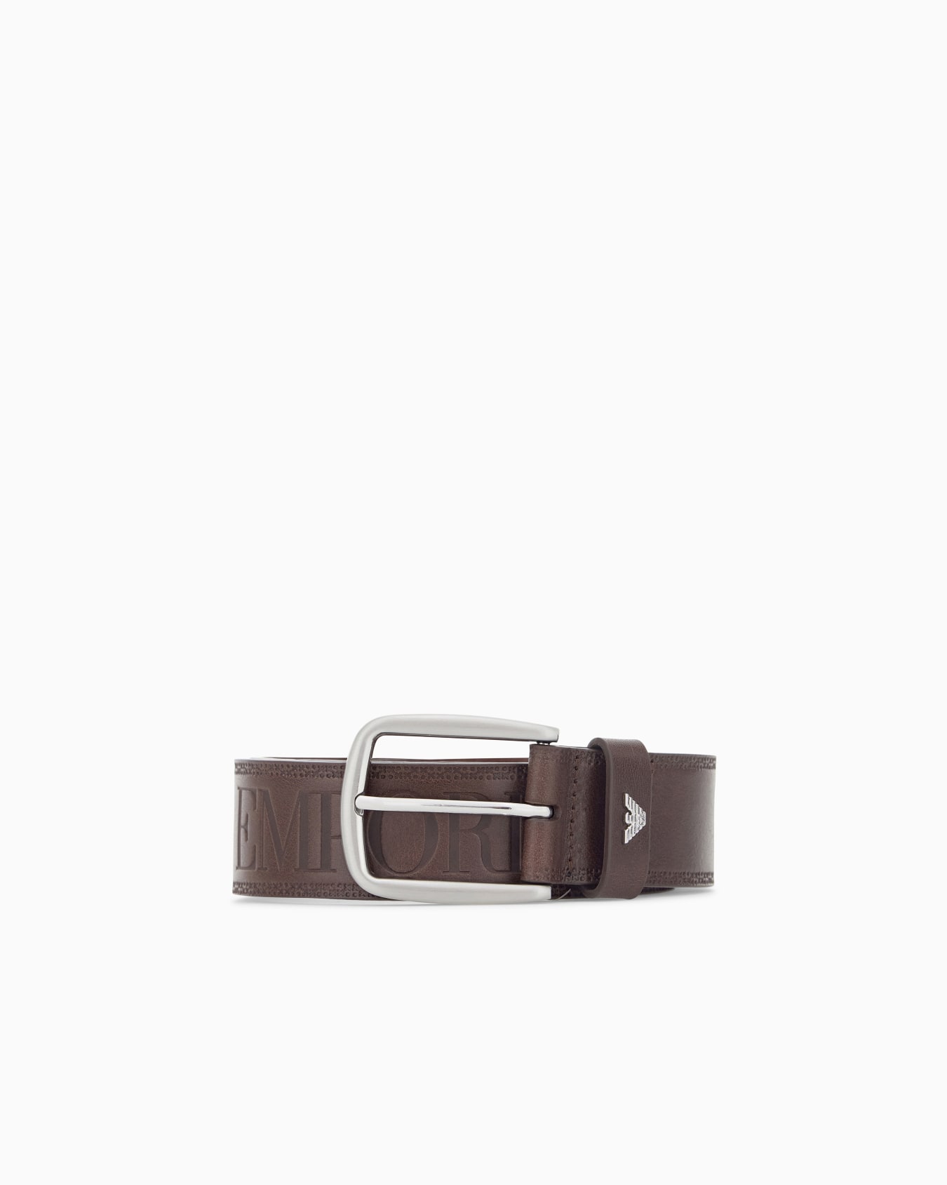 Leather tongue belt with an embossed logo and metal buckle 슬라이드 0