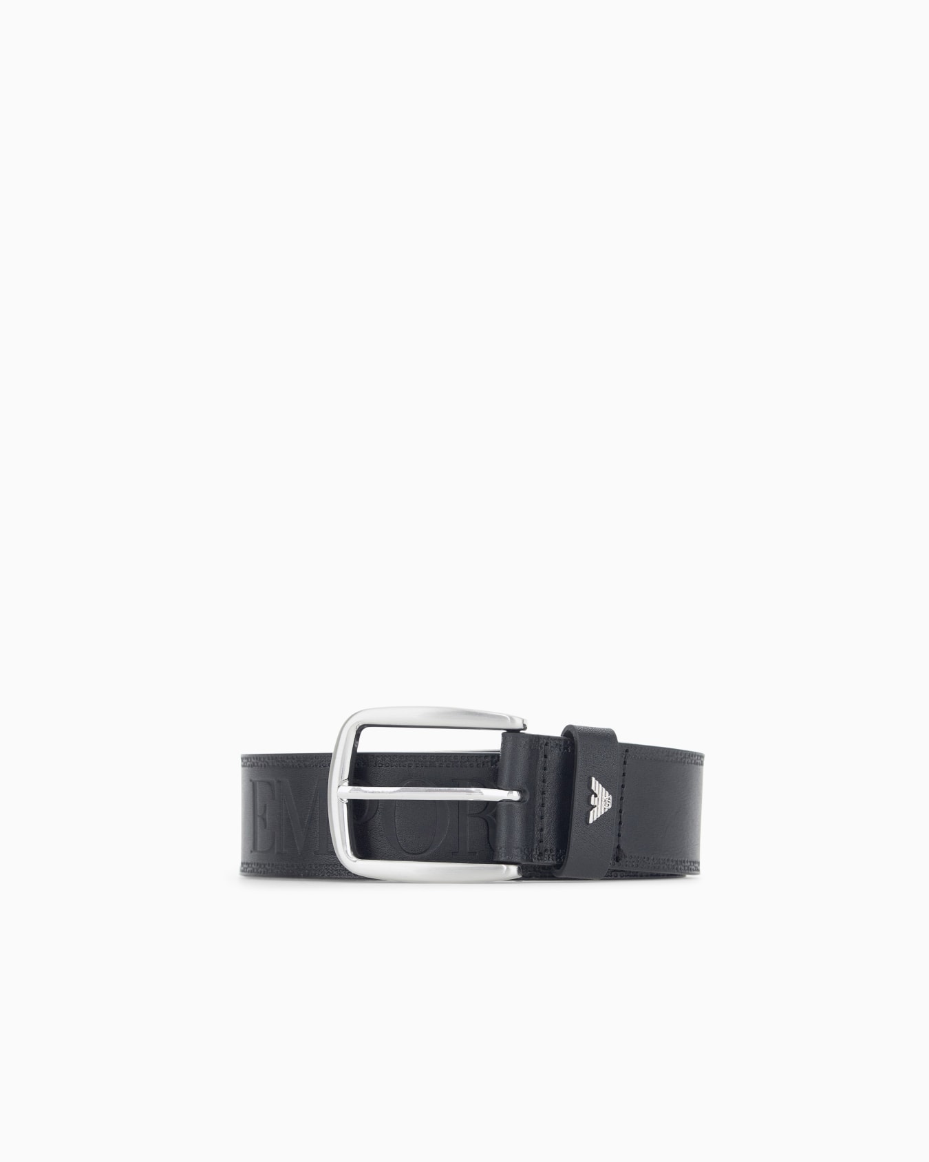 Leather tongue belt with an embossed logo and metal buckle 슬라이드 0