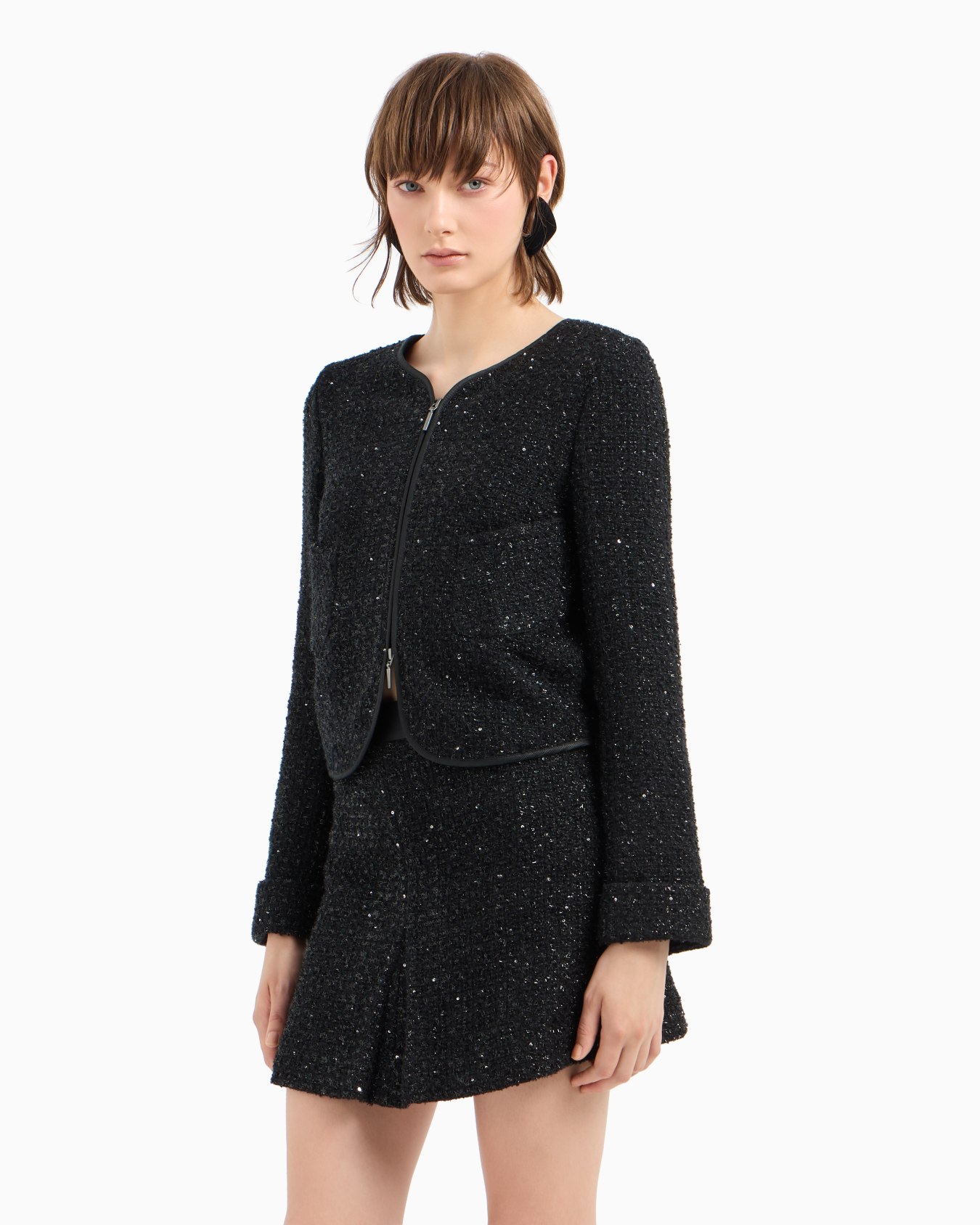 Chaqueta en tweed de lúrex con cremallera y microlentejuelas Diapositiva 1