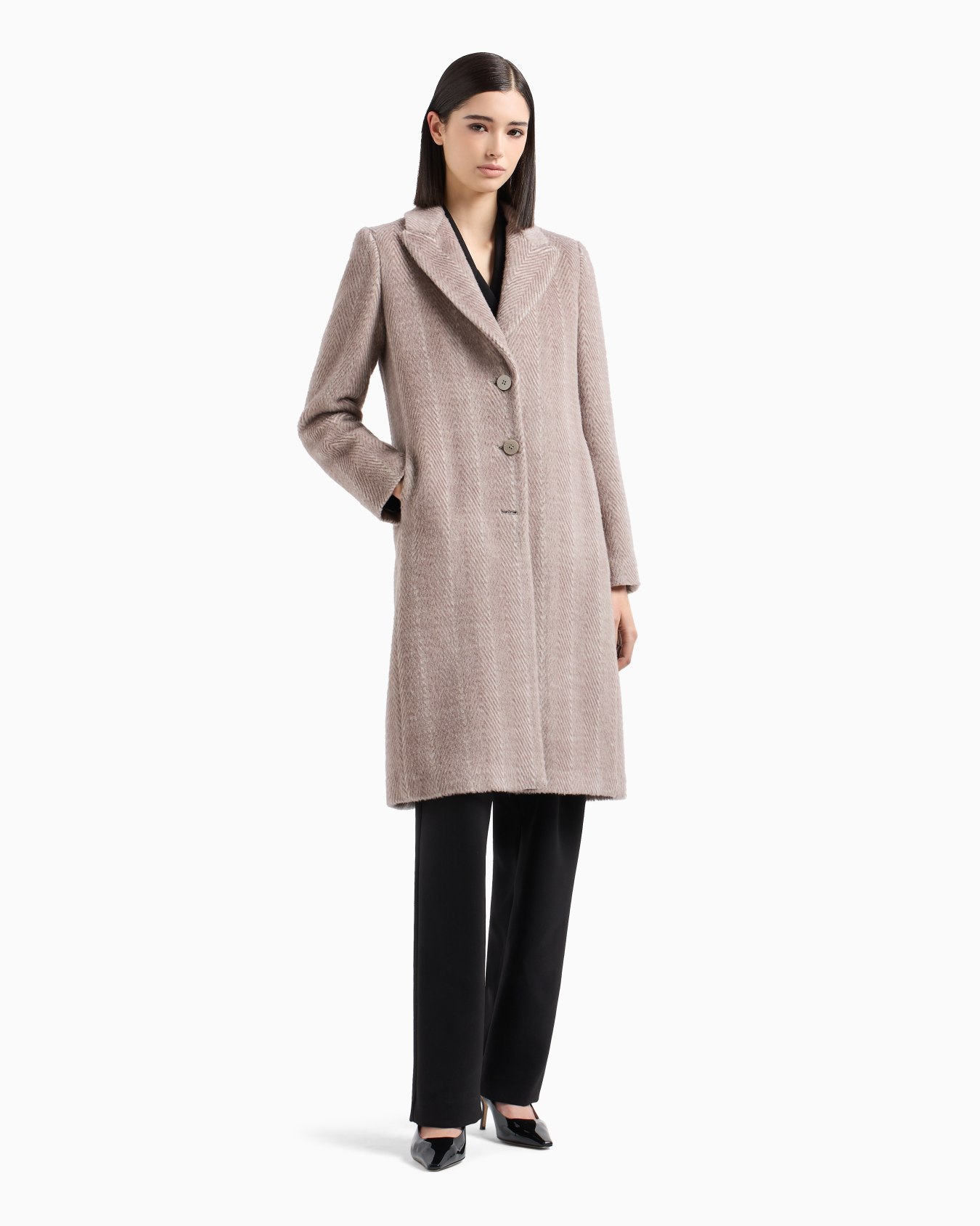 Manteau à simple boutonnage en laine vierge gazée motif chevron Diapositive 1