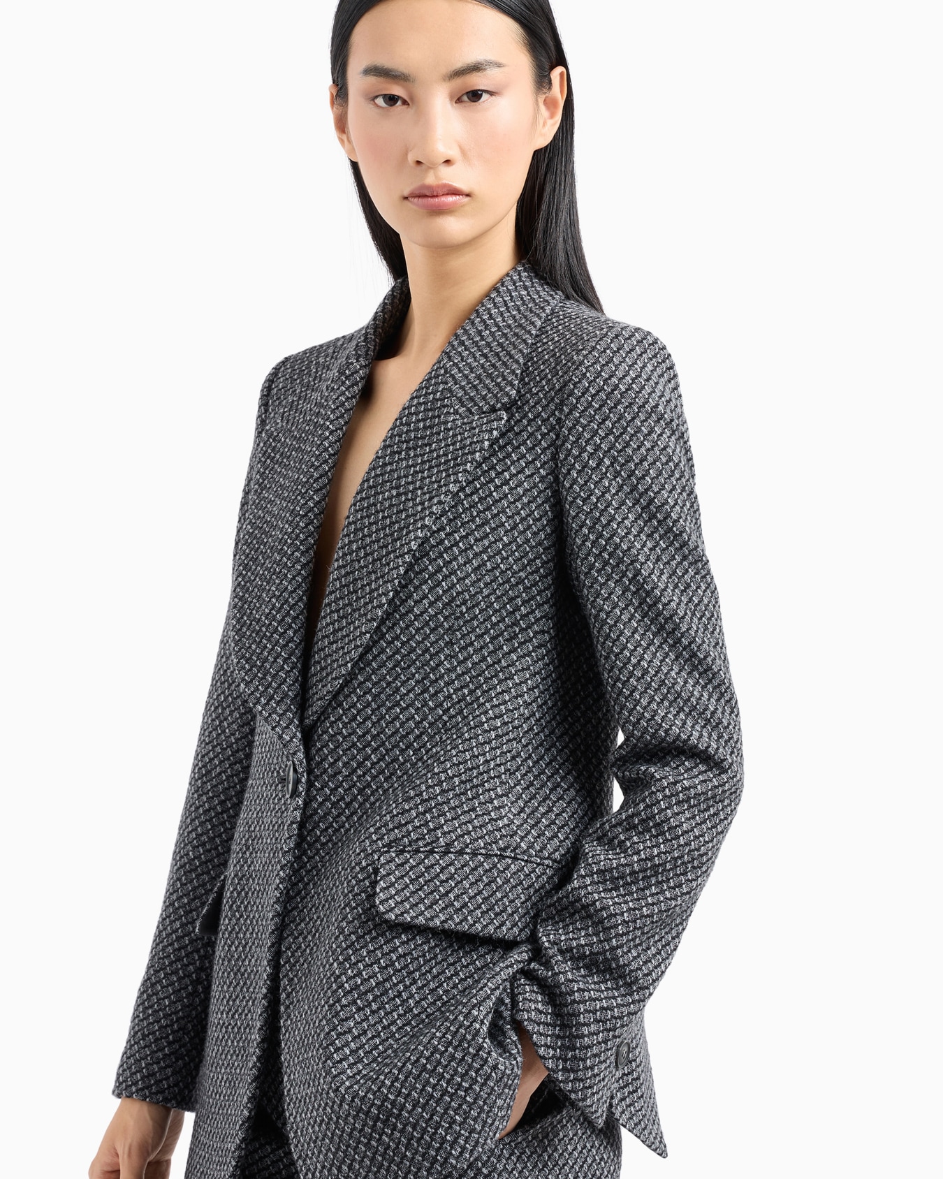 Chaqueta de abotonadura sencilla en punto de mezcla de lana jaspeada con patrón en relieve Diapositiva 5