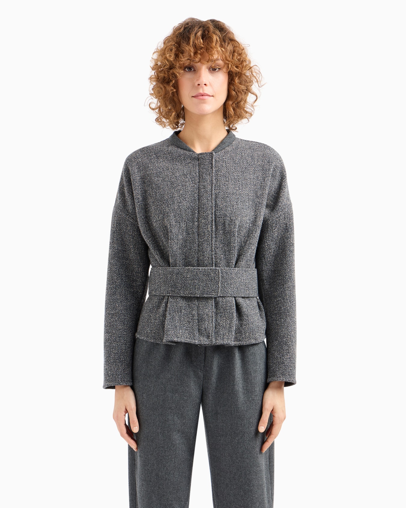 Icon belted wool-blend basketweave jacket Slide 2
