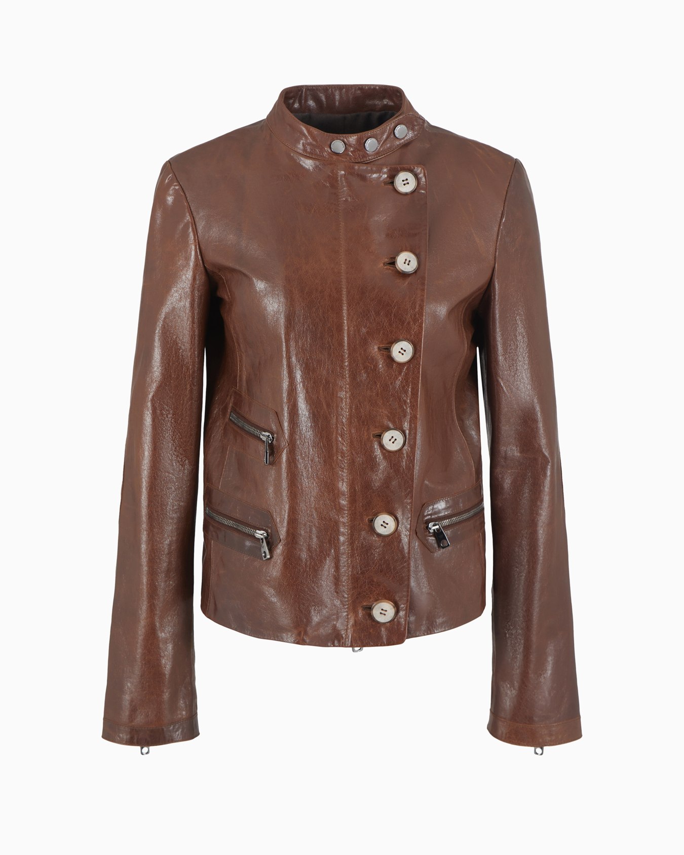 Icon slim-fit jacket with an off-centre zip in vegetable-tanned tumbled goatskin nappa leather Slide 0