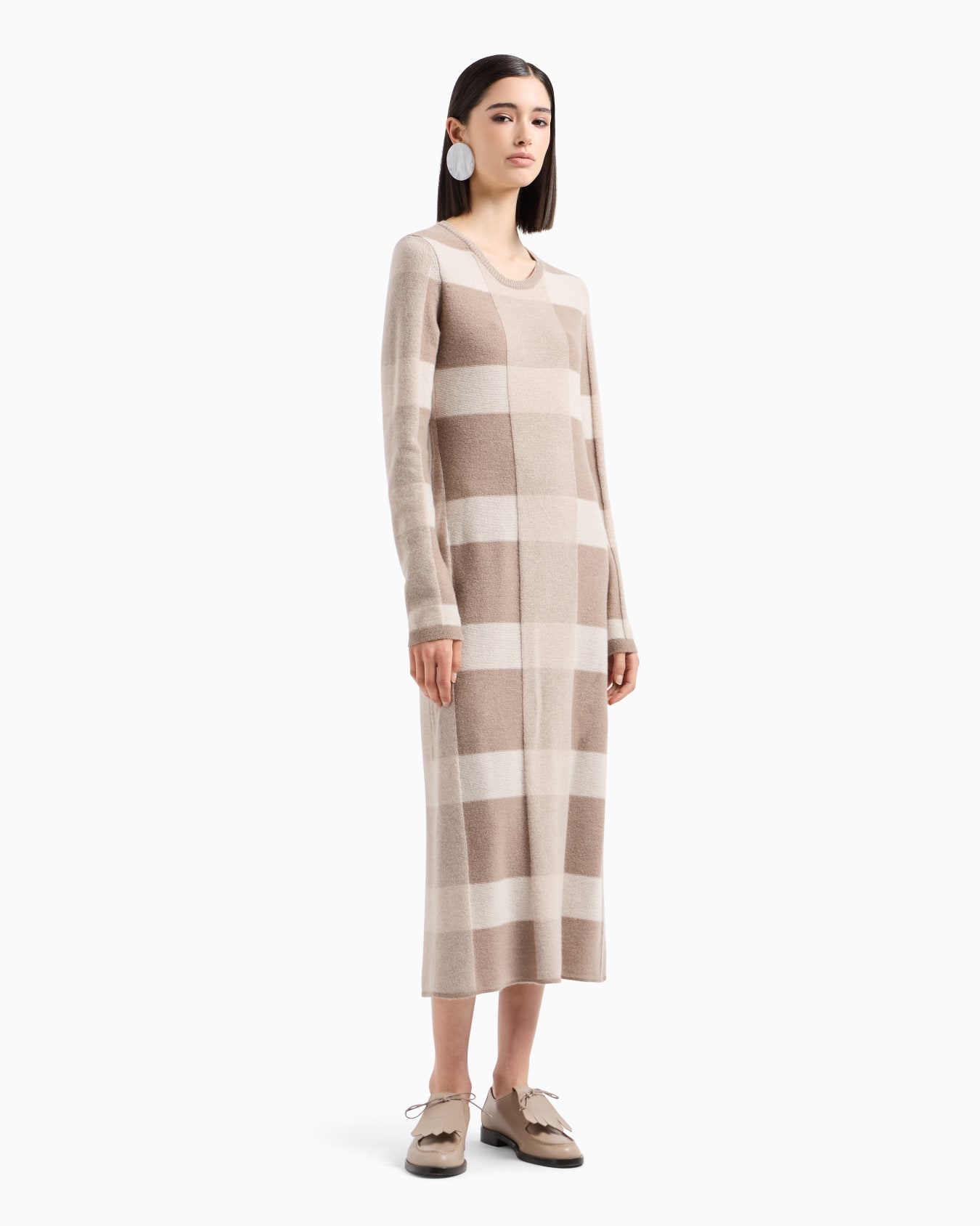 Icon long dress in virgin wool with a plated check motif Slide 1