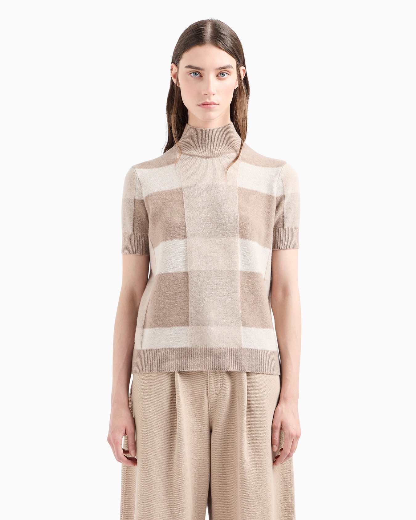 Icon short-sleeved virgin wool mock-neck jumper with a plated check motif Slide 2