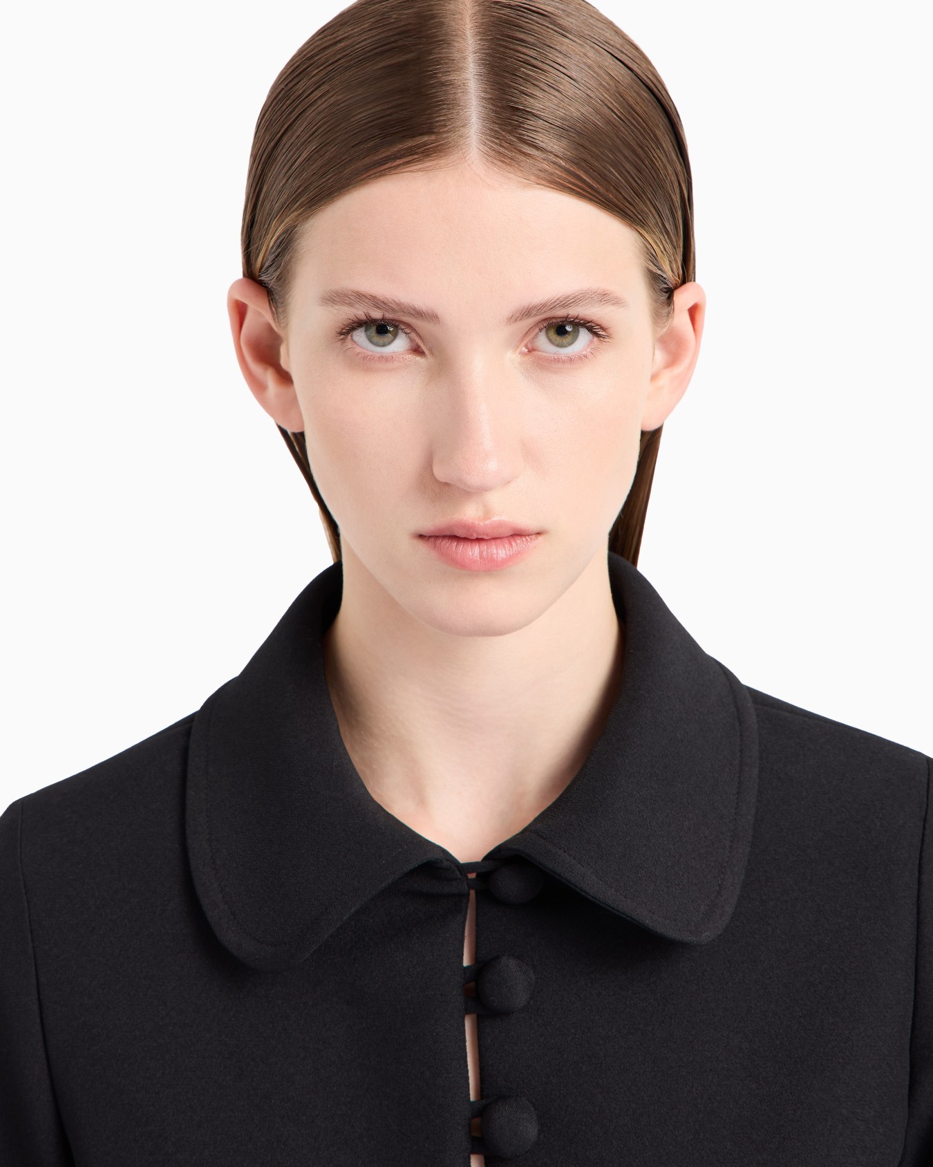 Short jacket with puffed sleeves in stretch sablé technical fabric Slide 4