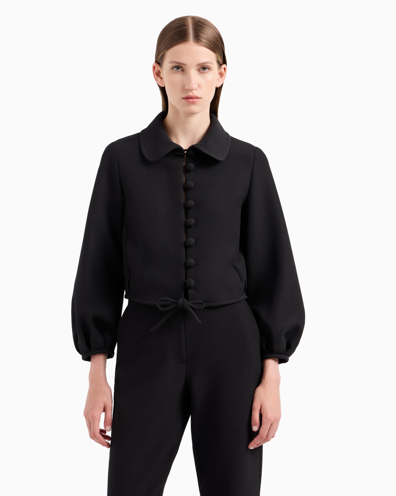 Short jacket with puffed sleeves in stretch sablé technical fabric Slide 1