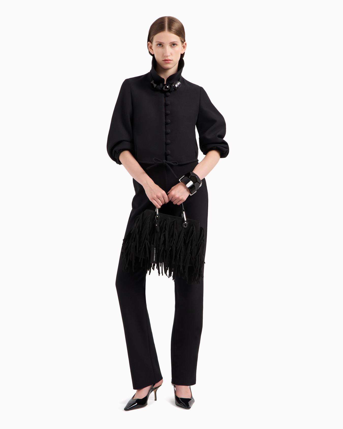 Short jacket with puffed sleeves in stretch sablé technical fabric Slide 3