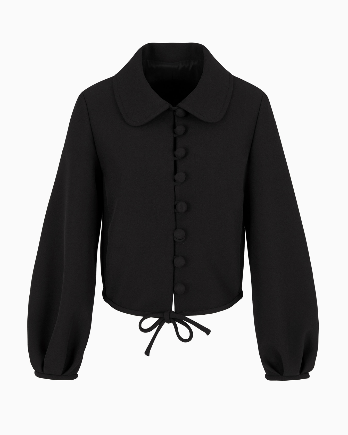 Short jacket with puffed sleeves in stretch sablé technical fabric Slide 0
