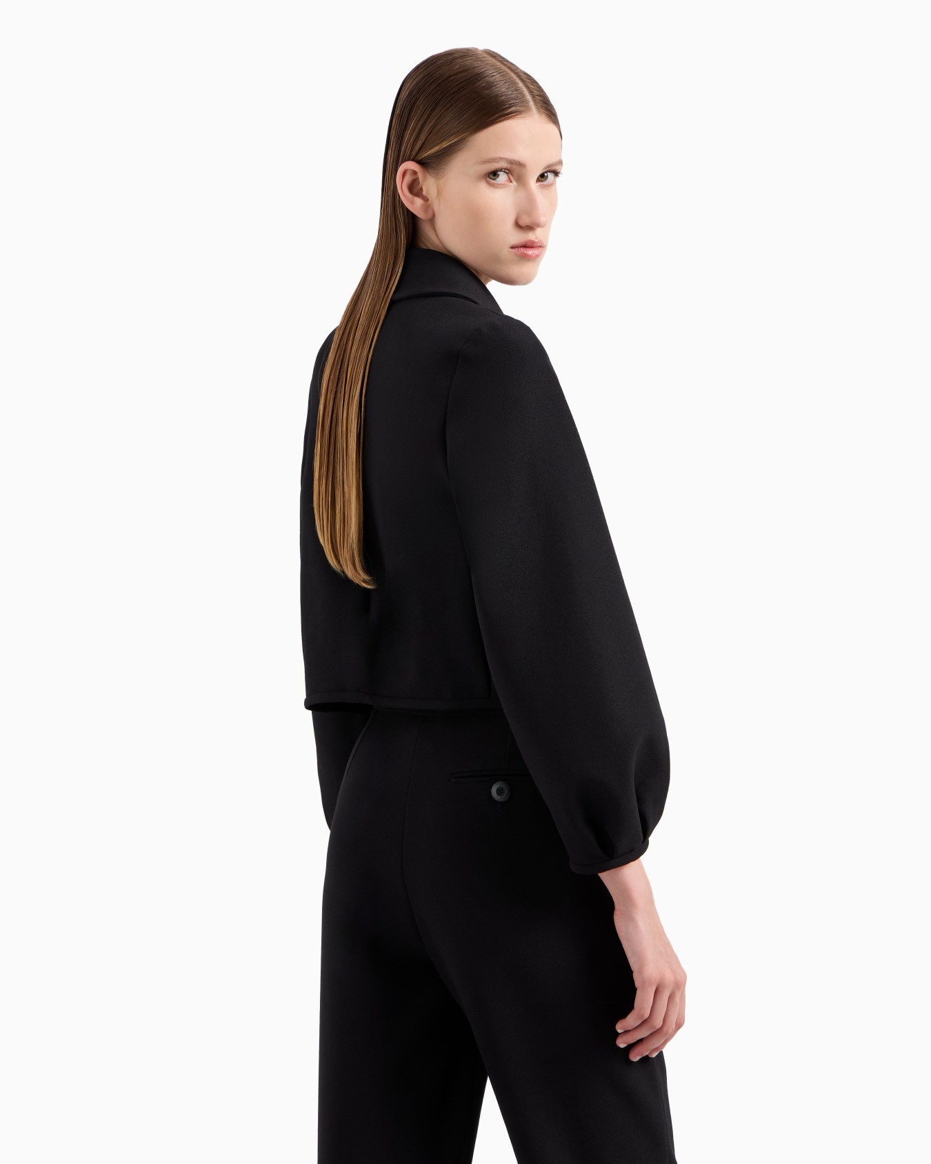Short jacket with puffed sleeves in stretch sablé technical fabric Slide 2