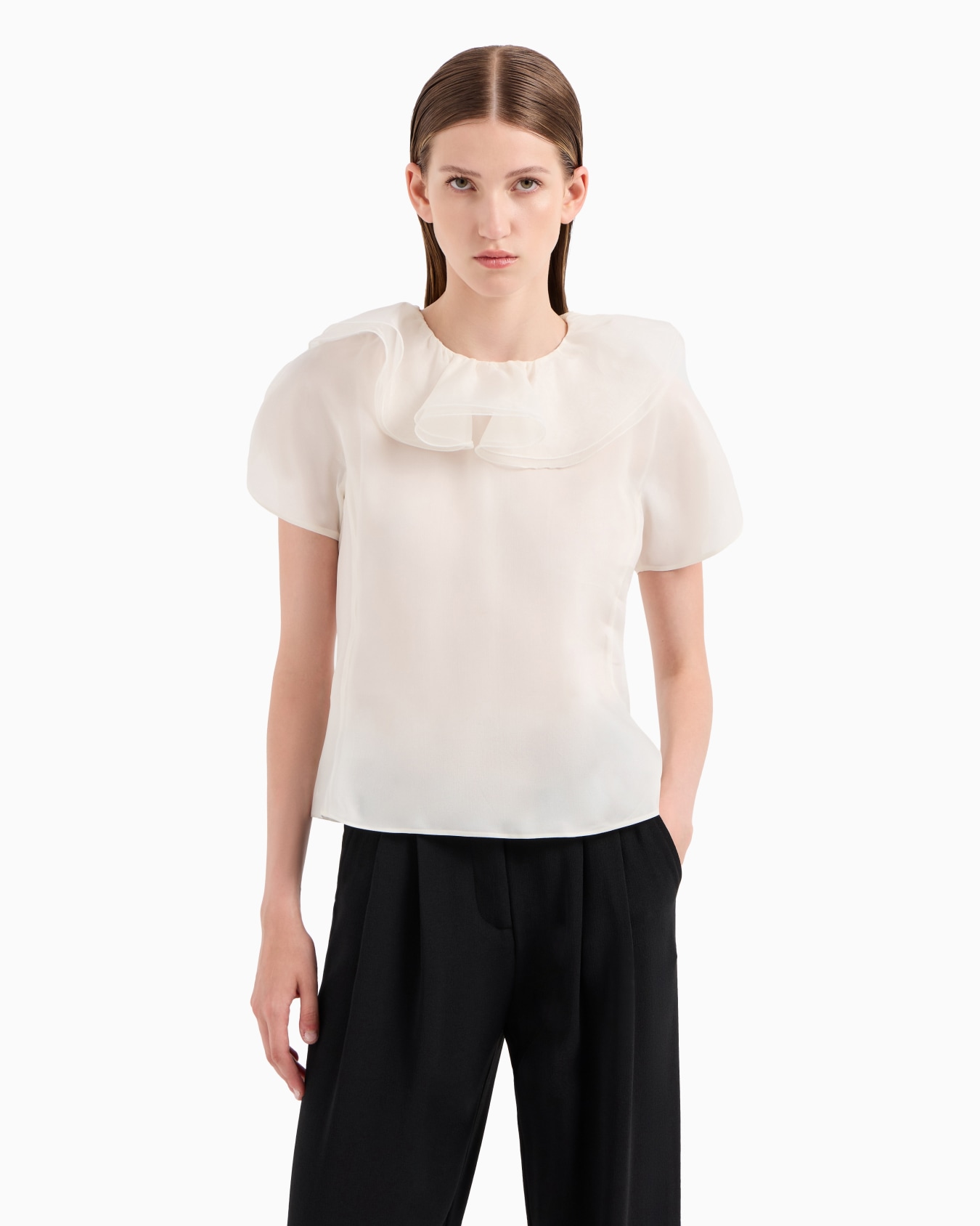 Moon Capsule collection silk organza blouse with petal collar and ruffles Slide 1