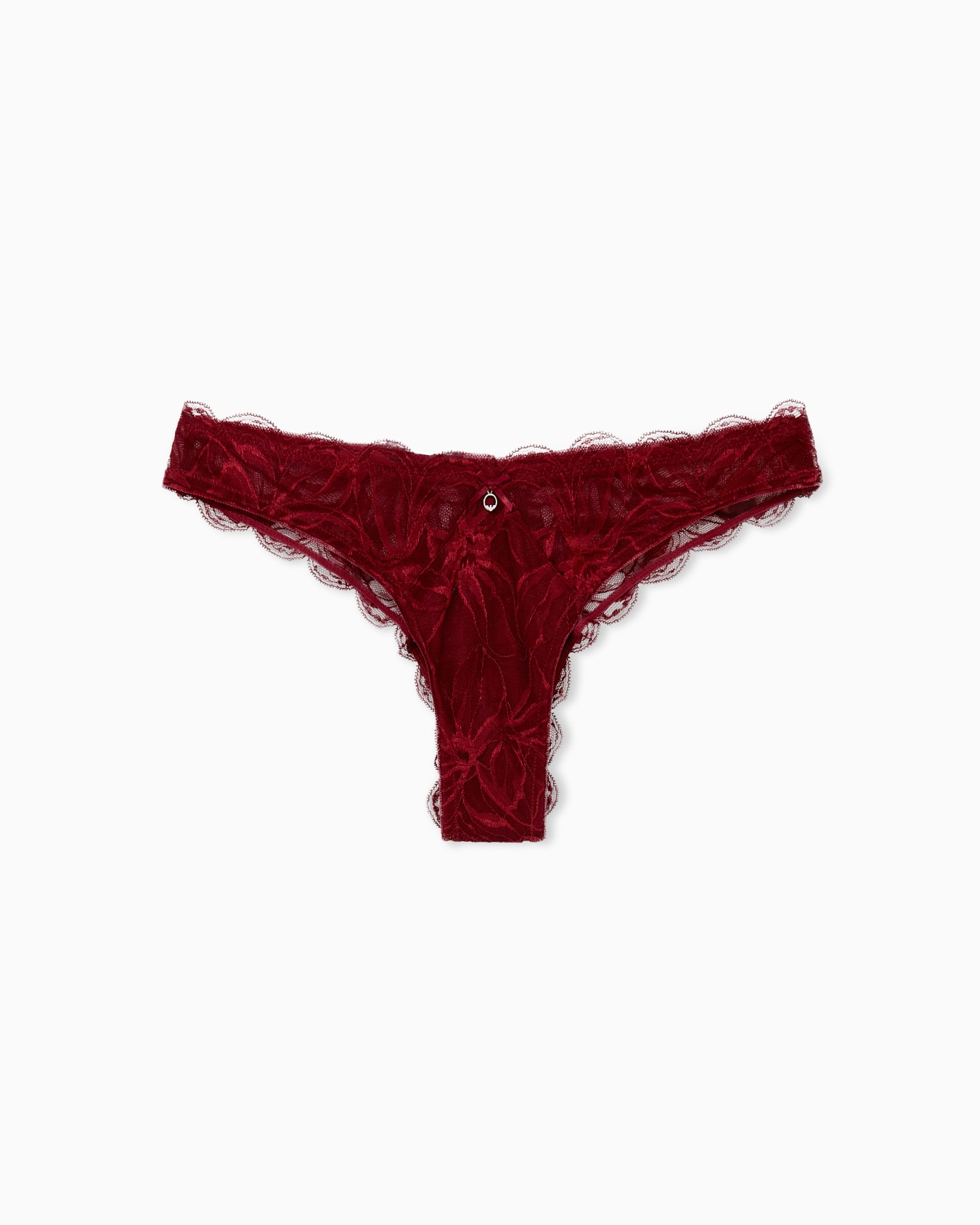 Floral lace Brazilian thong with scalloped edges and a jewel Slide 0