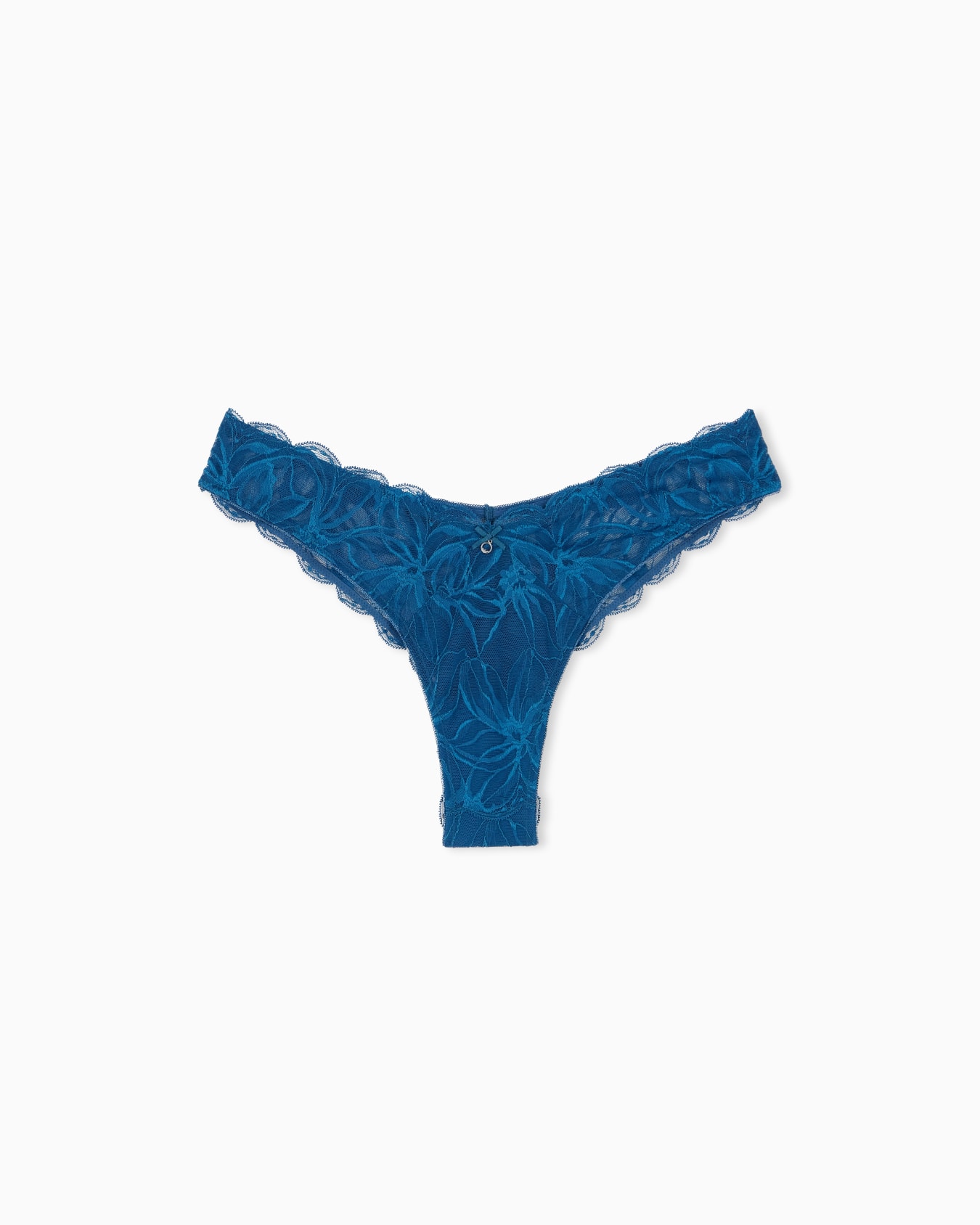 Floral lace Brazilian thong with scalloped edges and a jewel Slide 0
