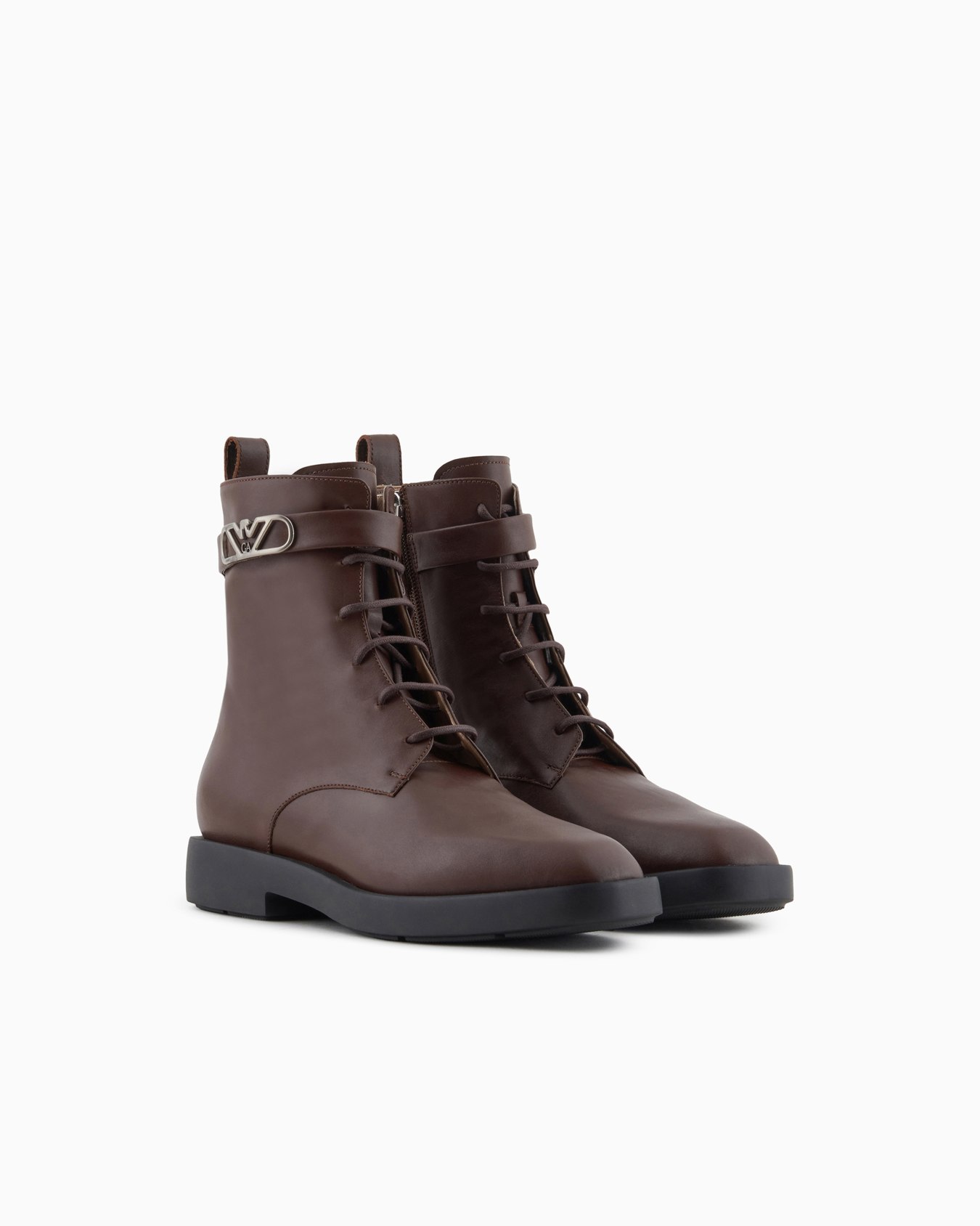Leather lace-up ankle boots with Icon logo strap Slide 1